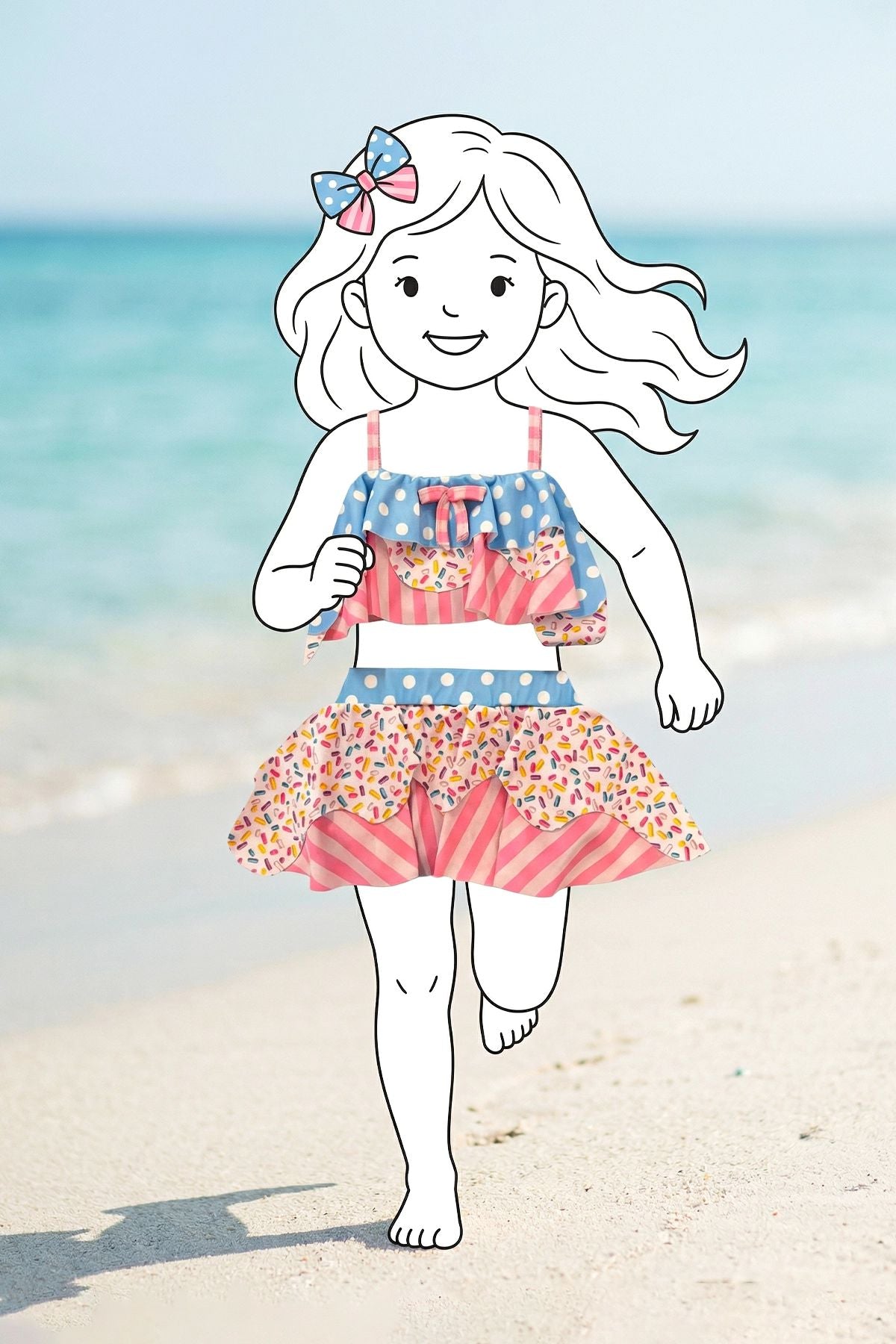 Fırfırlı Kız Çocuk Renkli Şeker Desenli Bikini Takımı