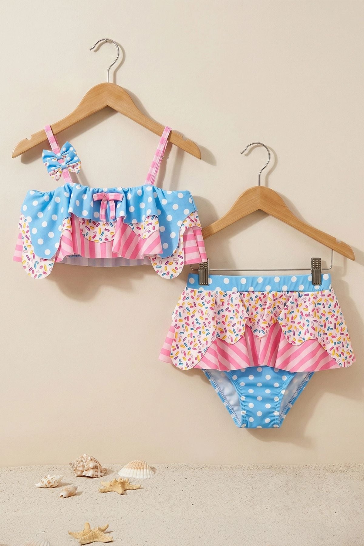 Fırfırlı Kız Çocuk Renkli Şeker Desenli Bikini Takımı