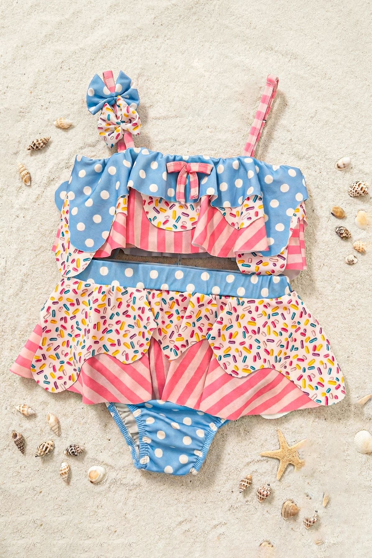 Fırfırlı Kız Çocuk Renkli Şeker Desenli Bikini Takımı