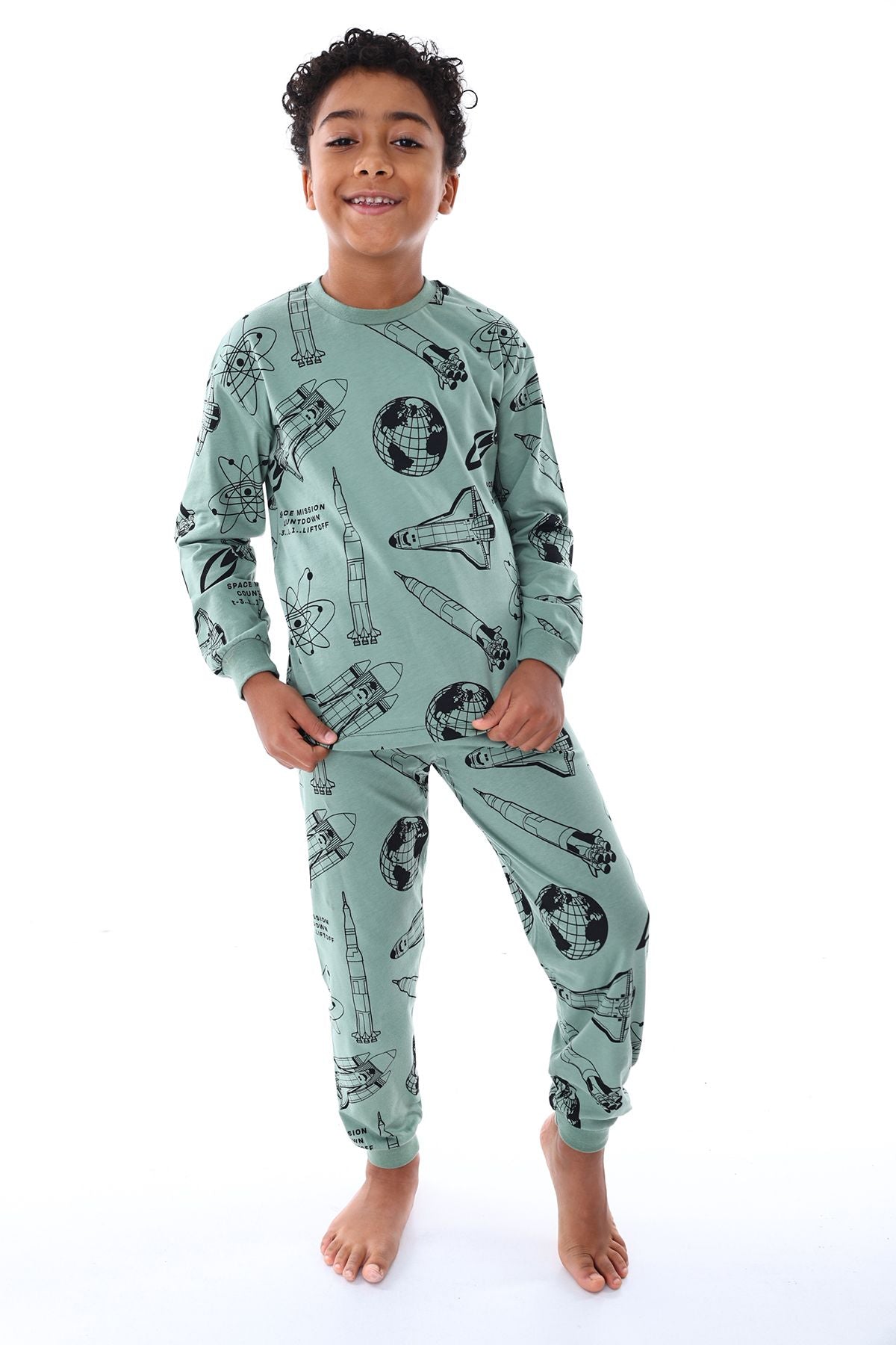 Gezegen Desenli %100 Pamuk Lacivert Çocuk Pijama Takımı