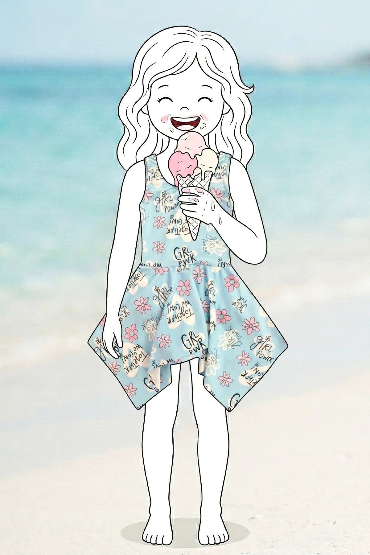 Girl Power Çiçek Desenli Kız Çocuk Mavi Elbise Mayo