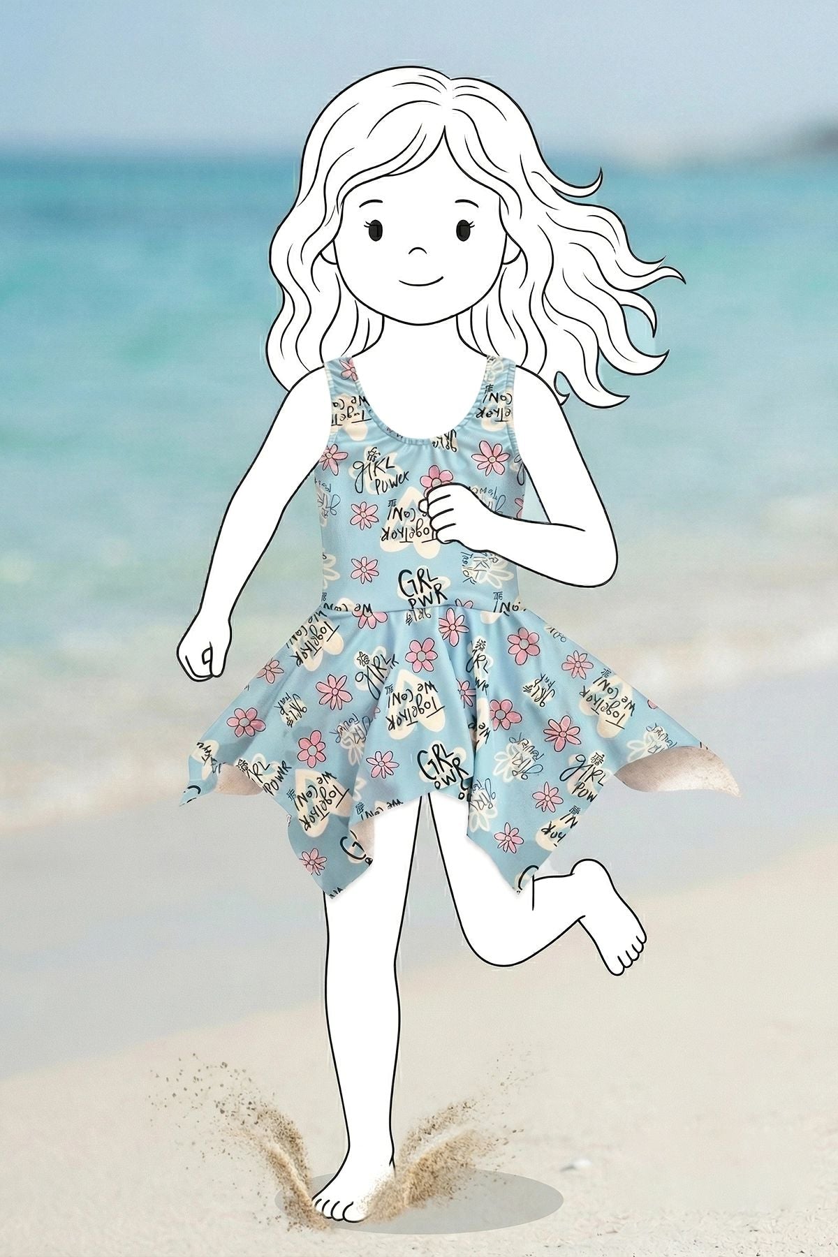 Girl Power Çiçek Desenli Kız Çocuk Mavi Elbise Mayo