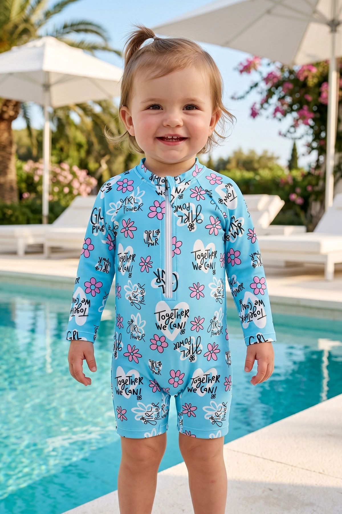 Girl Power Fermuarlı Uzun Kollu Kız Bebek Tulum Mayo