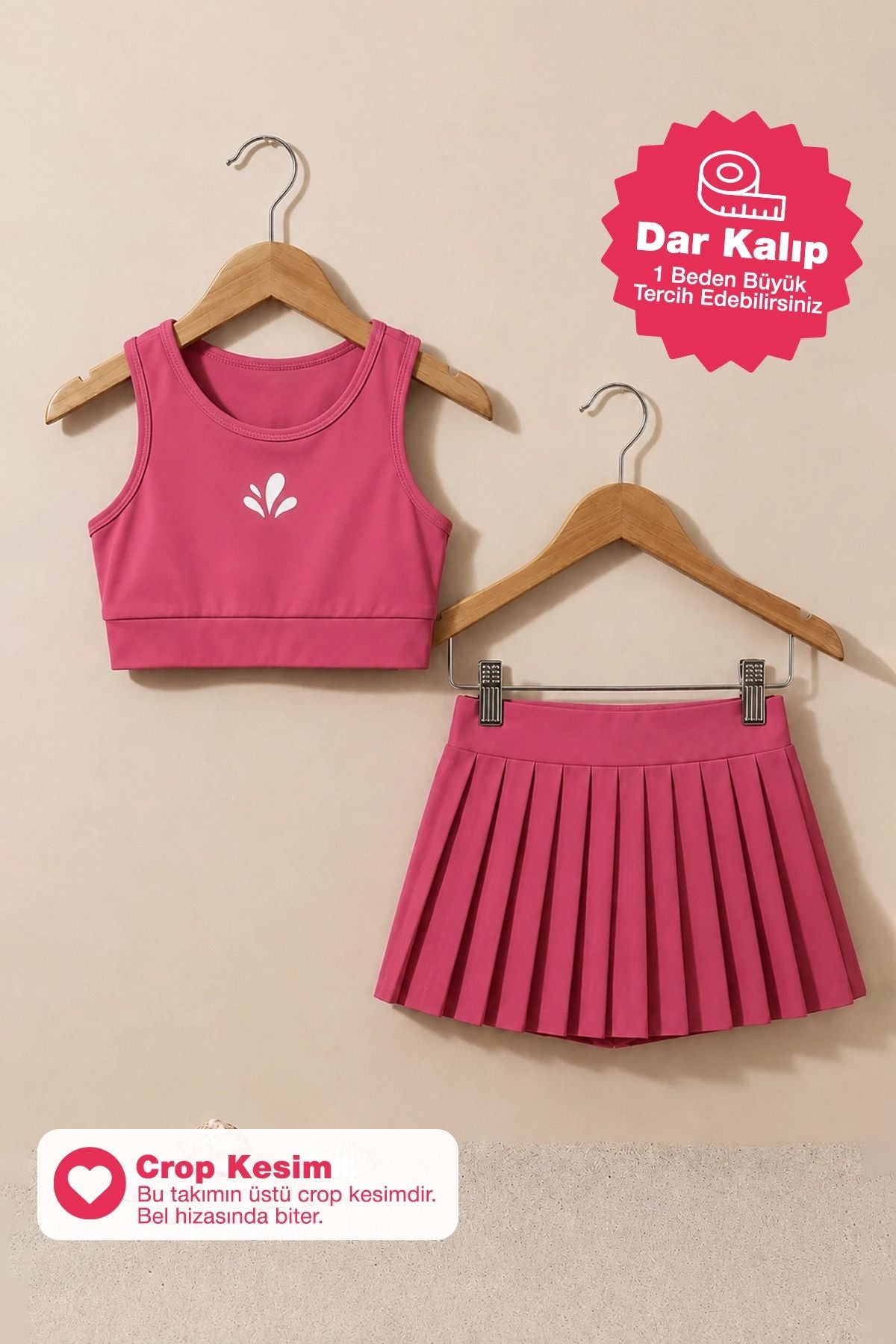 Kız Çocuk Sportif Gül Kurusu Pileli Crop - Şort Etek Alt - Üst Takım