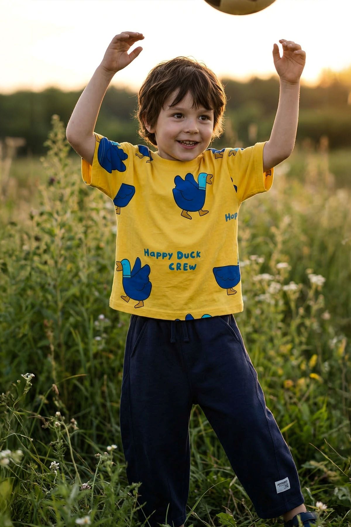 Happy Duck Baskılı Erkek Çocuk ALT - ÜST Takım %100 Pamuk Sarı Lacivert