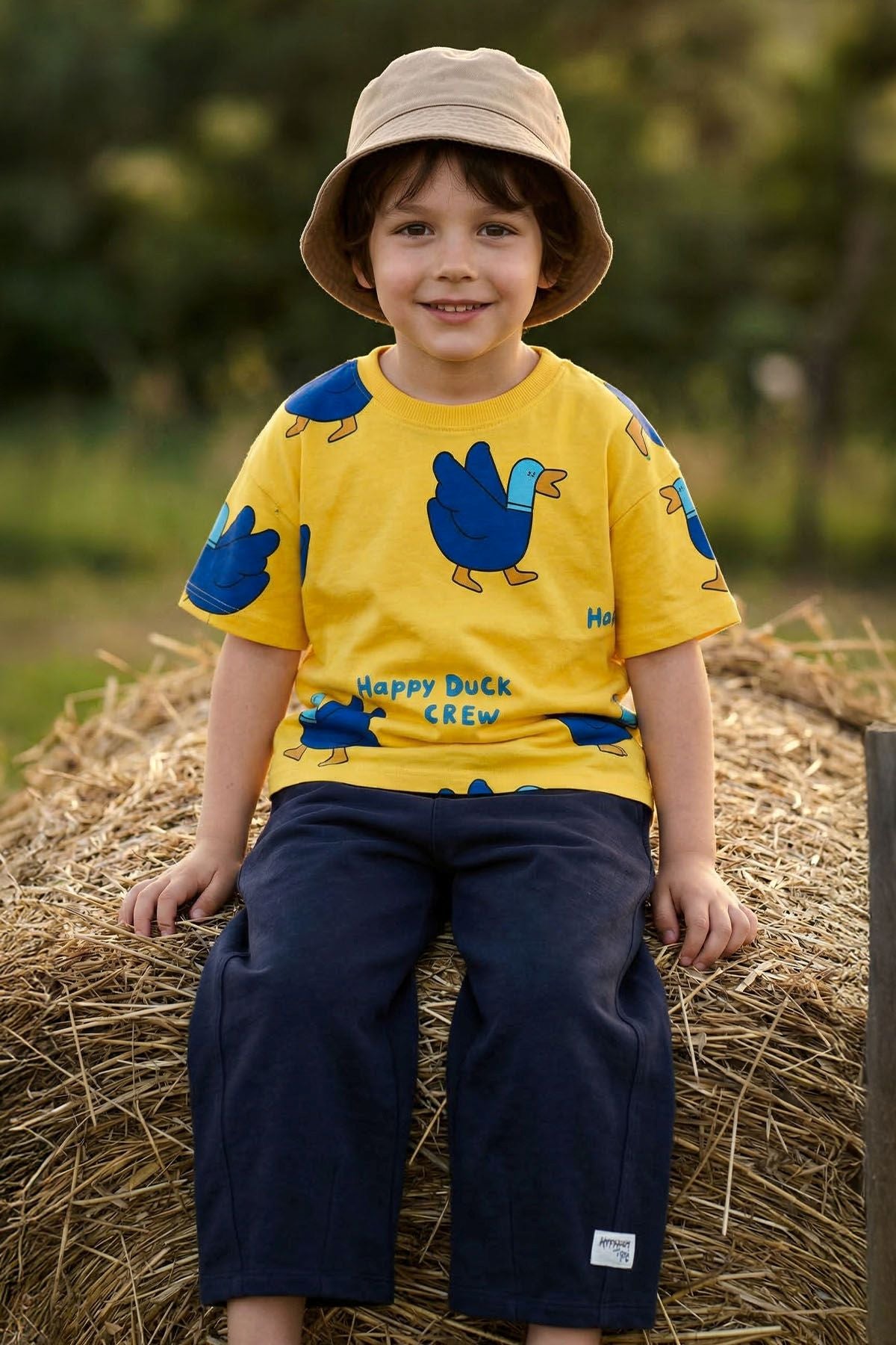 Happy Duck Baskılı Erkek Çocuk ALT - ÜST Takım %100 Pamuk Sarı Lacivert