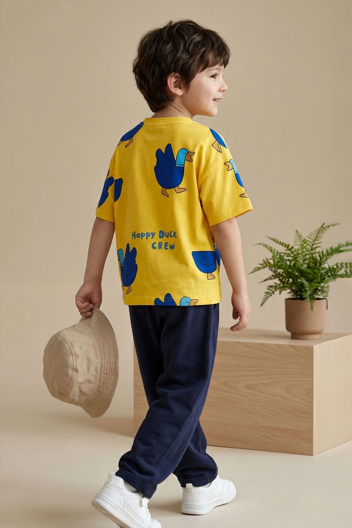Happy Duck Baskılı Erkek Çocuk ALT - ÜST Takım %100 Pamuk Sarı Lacivert