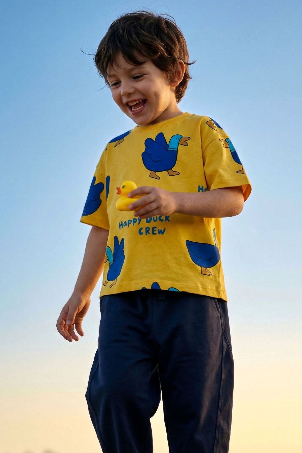 Happy Duck Baskılı Erkek Çocuk ALT - ÜST Takım %100 Pamuk Sarı Lacivert