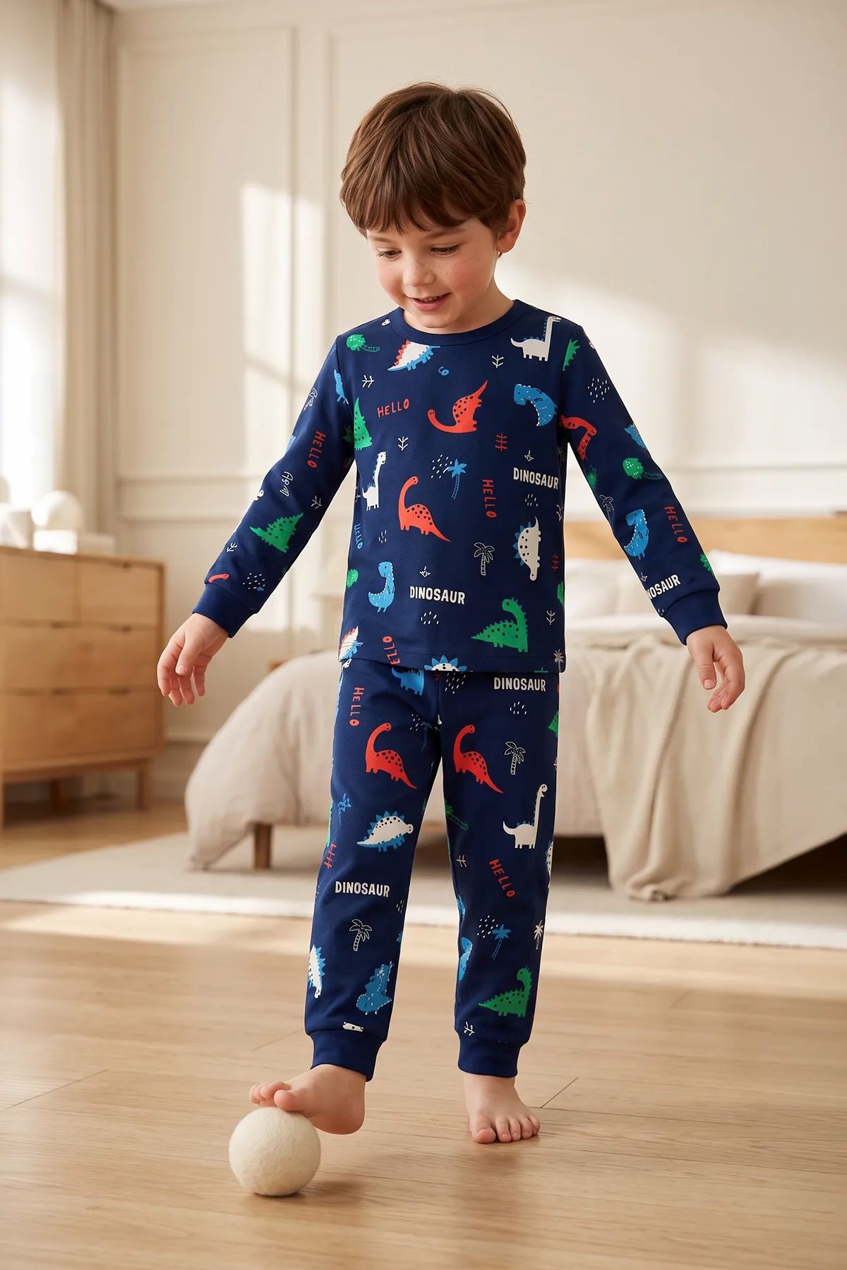 Hello Dino Desenli Uzun Kollu Erkek Çocuk İnterlok Pijama Takımı