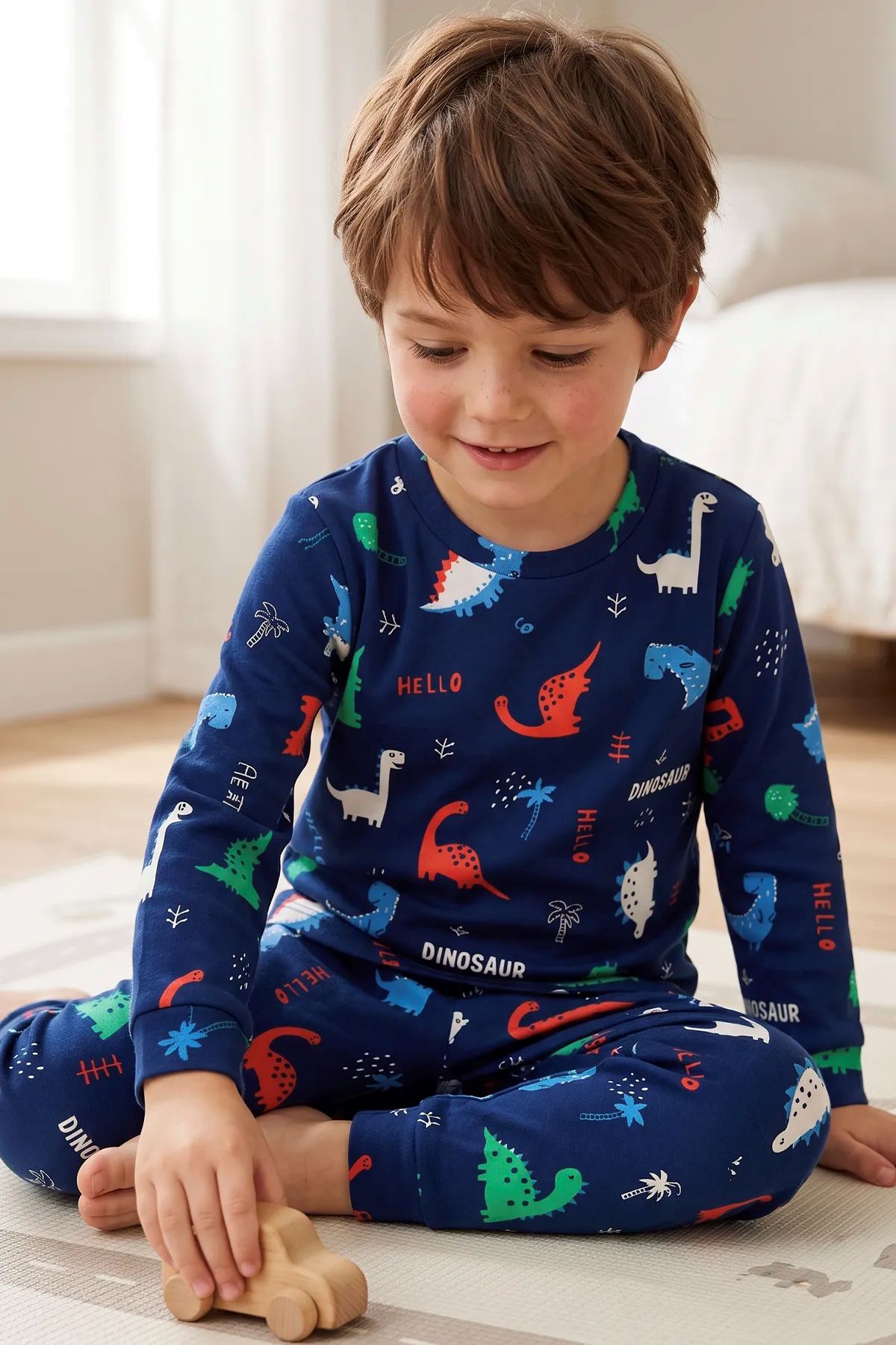 Hello Dino Desenli Uzun Kollu Erkek Çocuk İnterlok Pijama Takımı