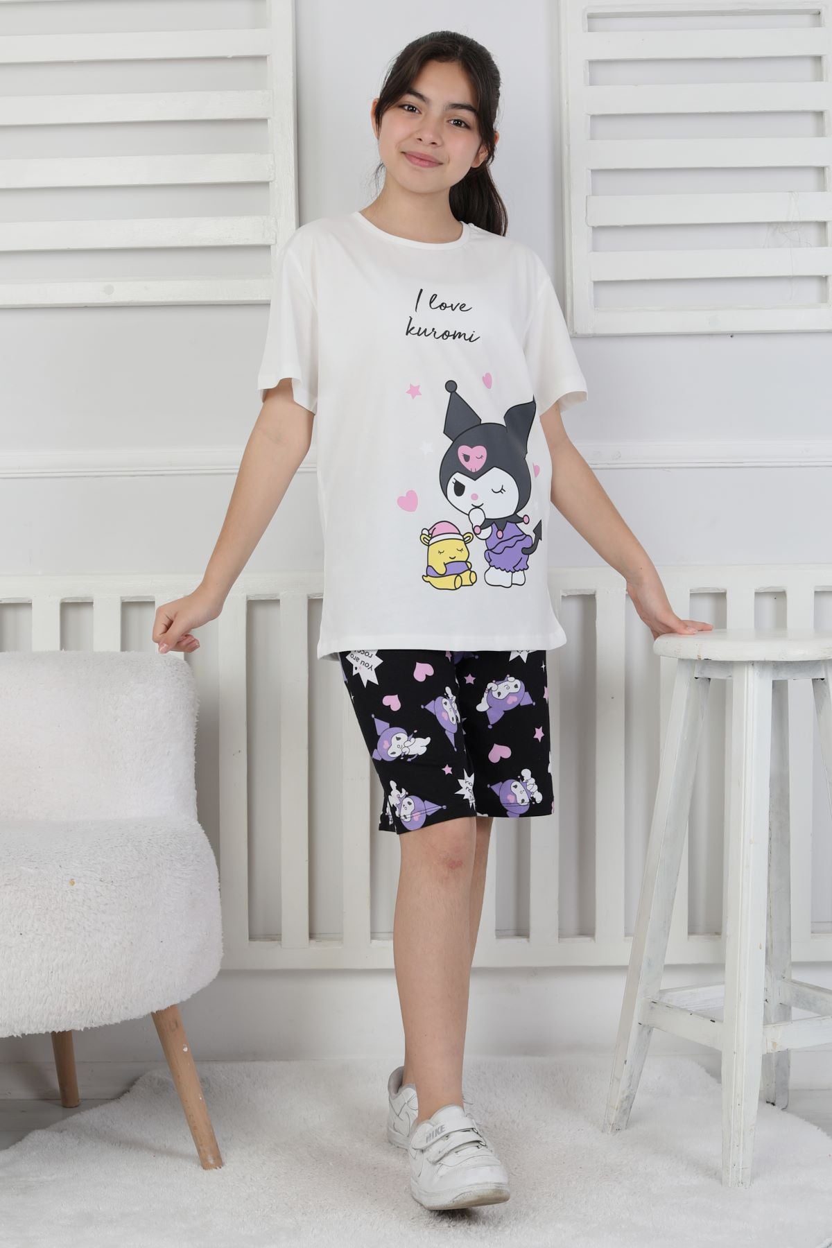 I Love Kuromi Baskılı Kısa Kollu Şort Pijama Takımı