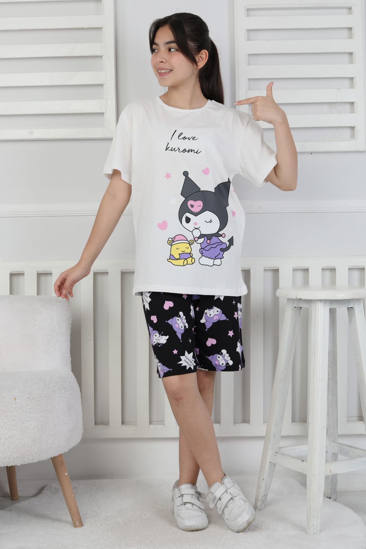 I Love Kuromi Baskılı Kısa Kollu Şort Pijama Takımı