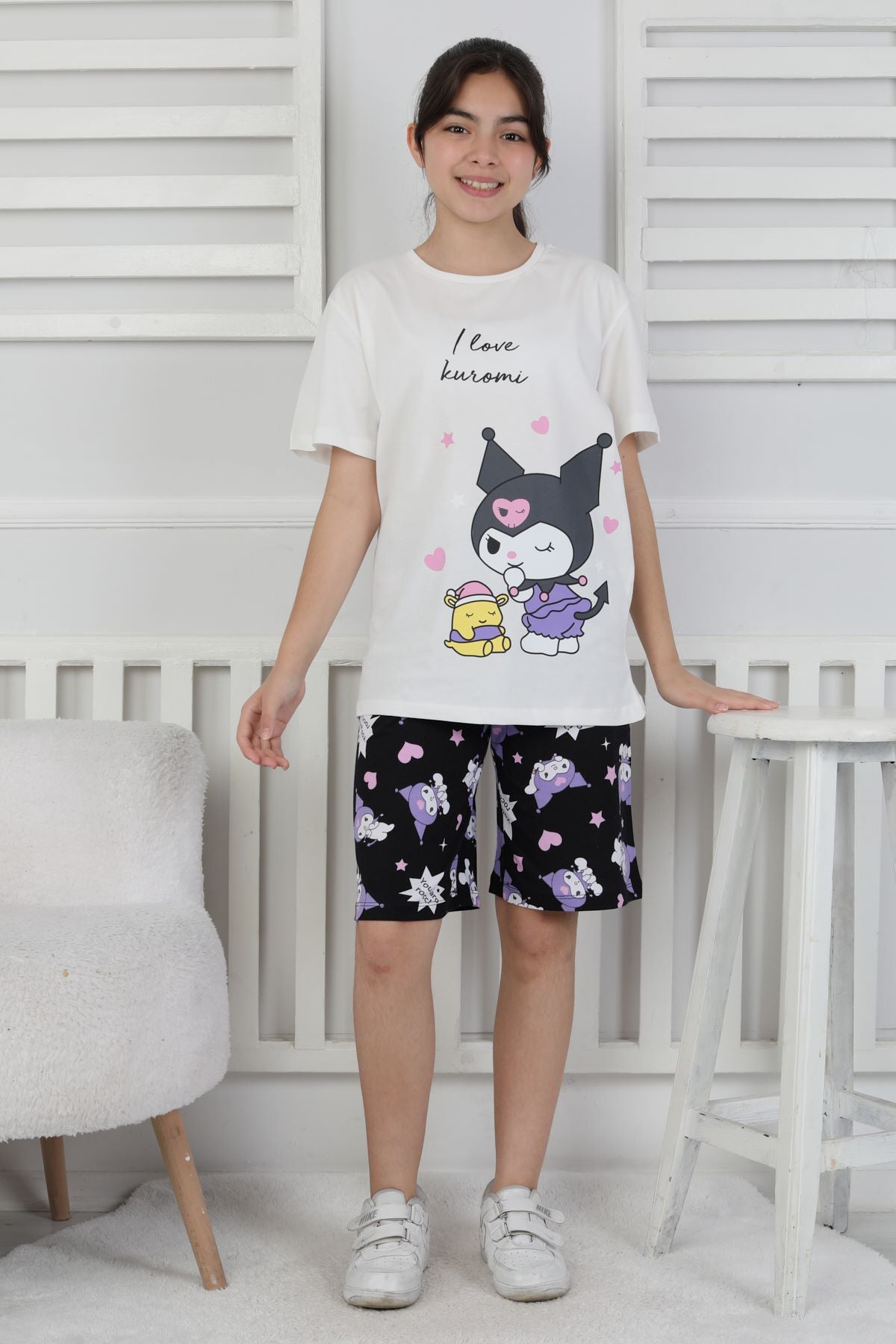I Love Kuromi Baskılı Kısa Kollu Şort Pijama Takımı