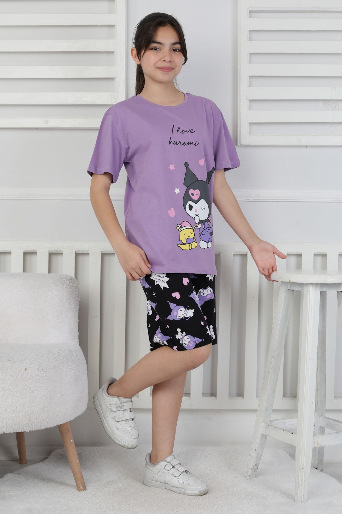 I Love Kuromi Baskılı Kısa Kollu Şort Pijama Takımı