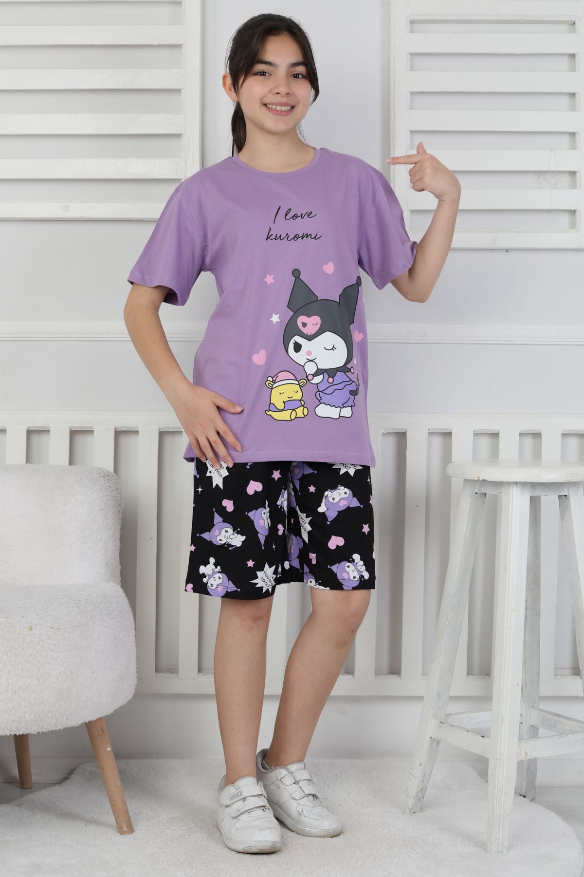 I Love Kuromi Baskılı Kısa Kollu Şort Pijama Takımı