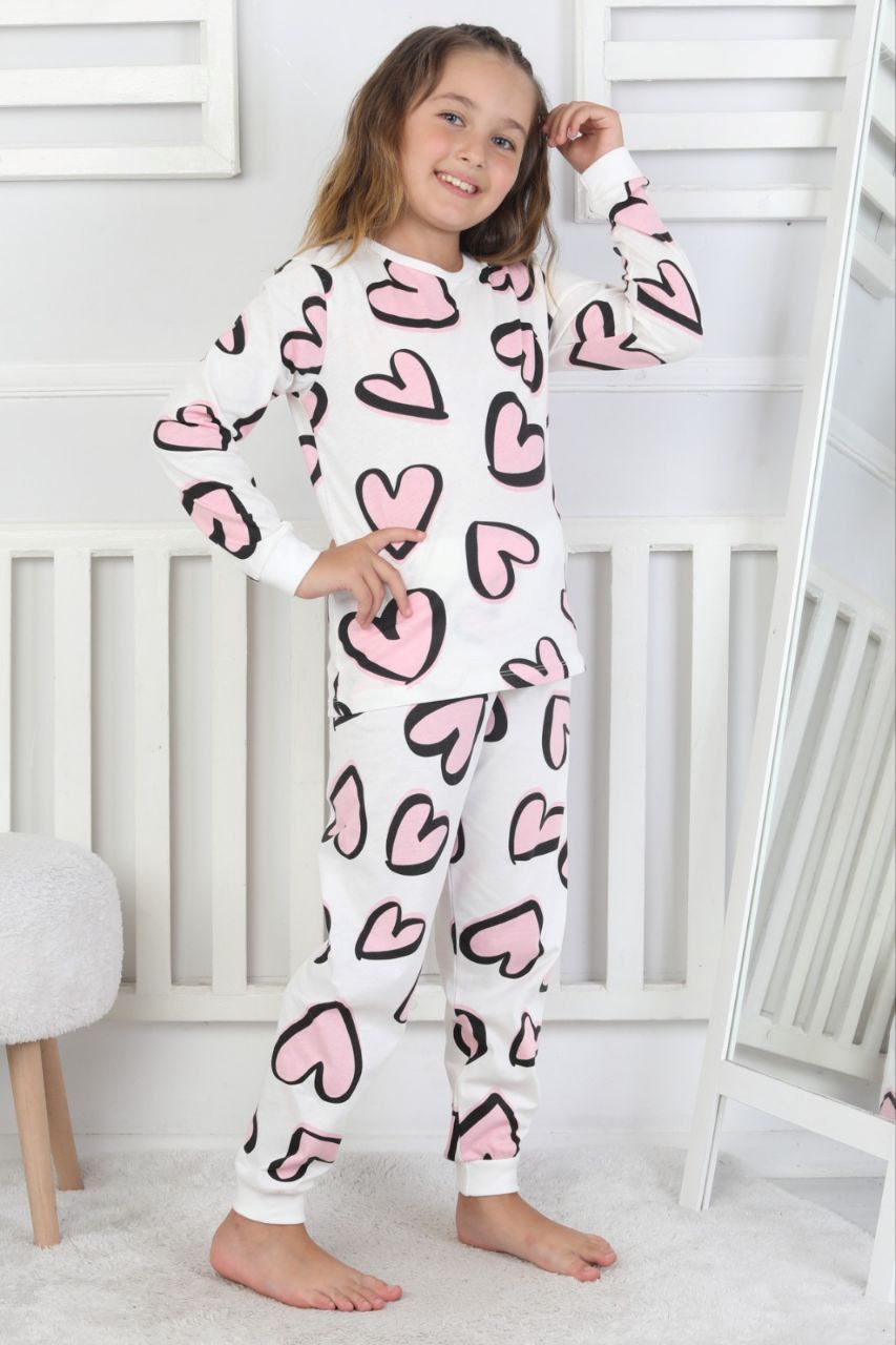 Kalp Desenli %100 Pamuk Kız Çocuk Pijama Takımı