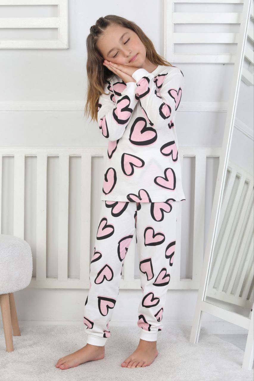 Kalp Desenli %100 Pamuk Kız Çocuk Pijama Takımı