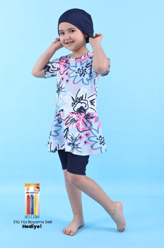 Kalp Desenli Lacivert Kız Çocuk Boneli Mayo Takımı