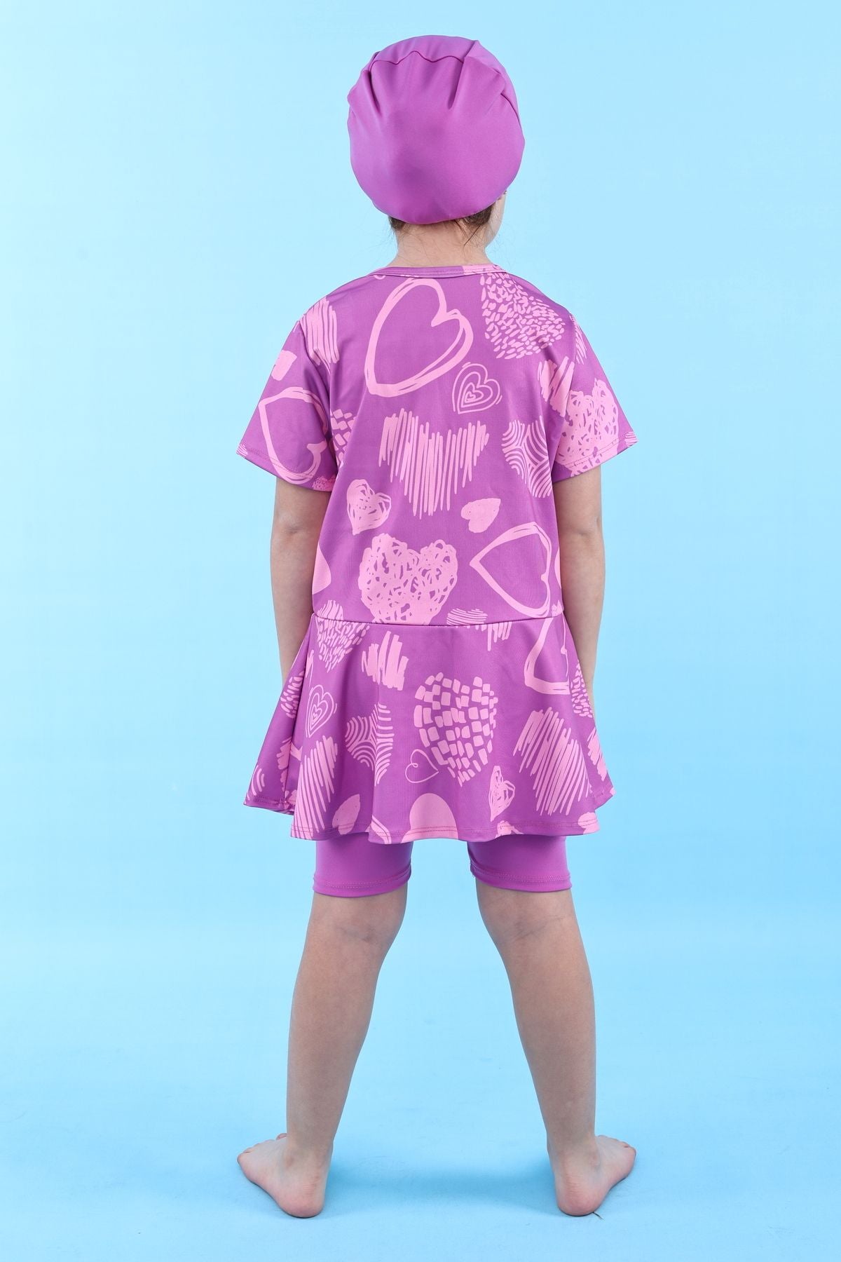 Kalp Desenli Mor Kız Çocuk Boneli Mayo Takımı