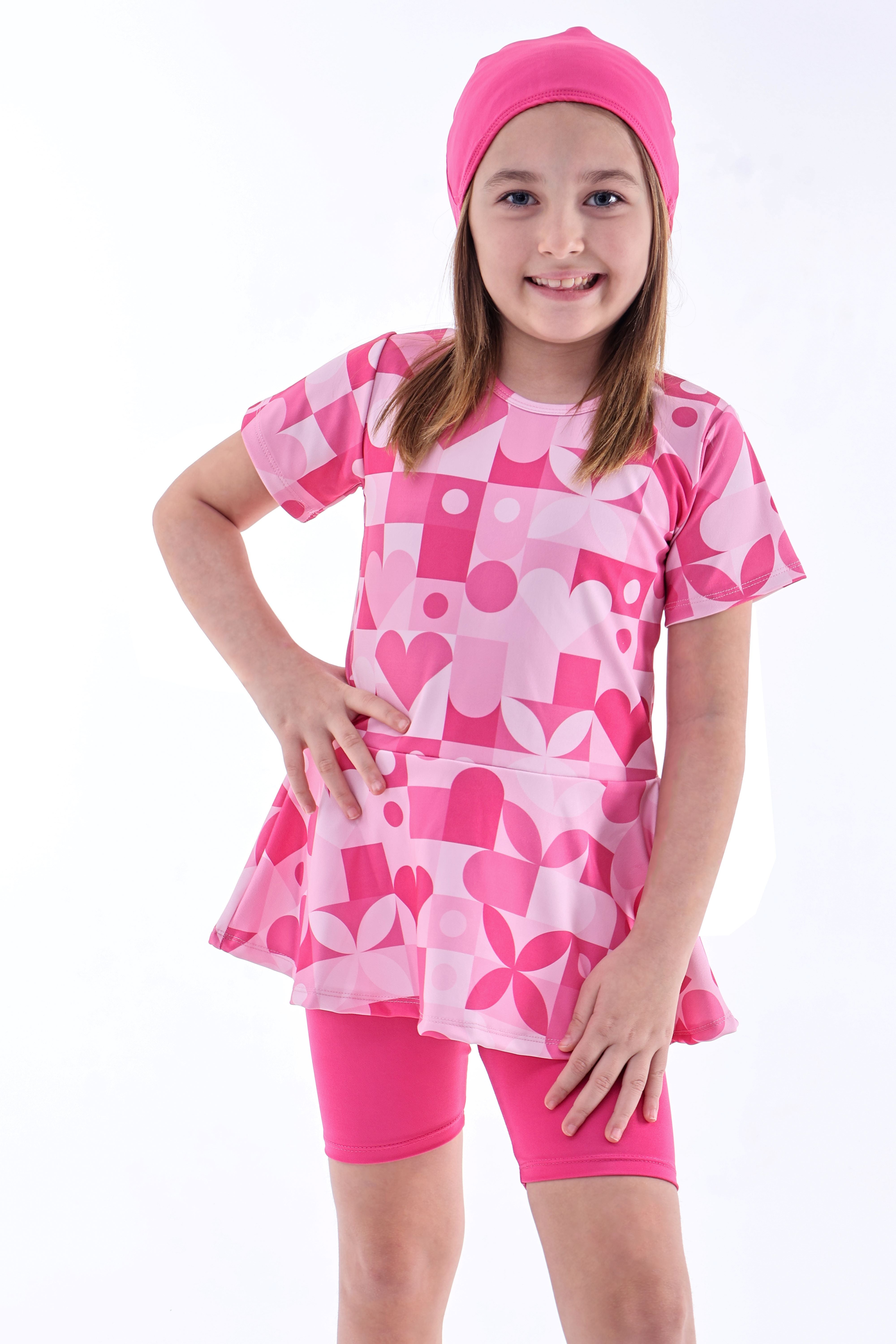 Kalp Desenli Pembe Kız Çocuk Boneli Mayo Takımı