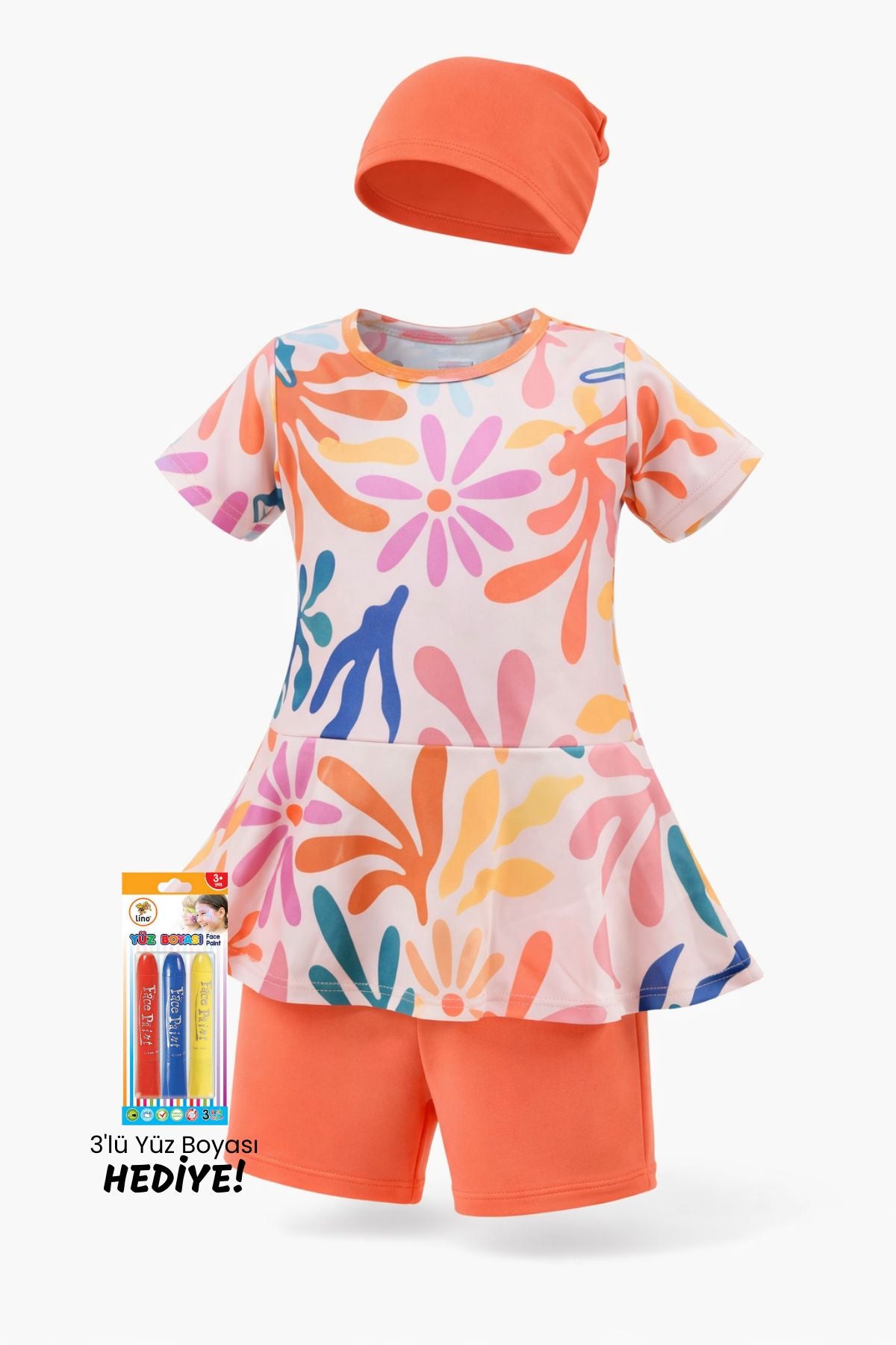 Kalp Desenli Turuncu Kız Çocuk Boneli Mayo Takımı