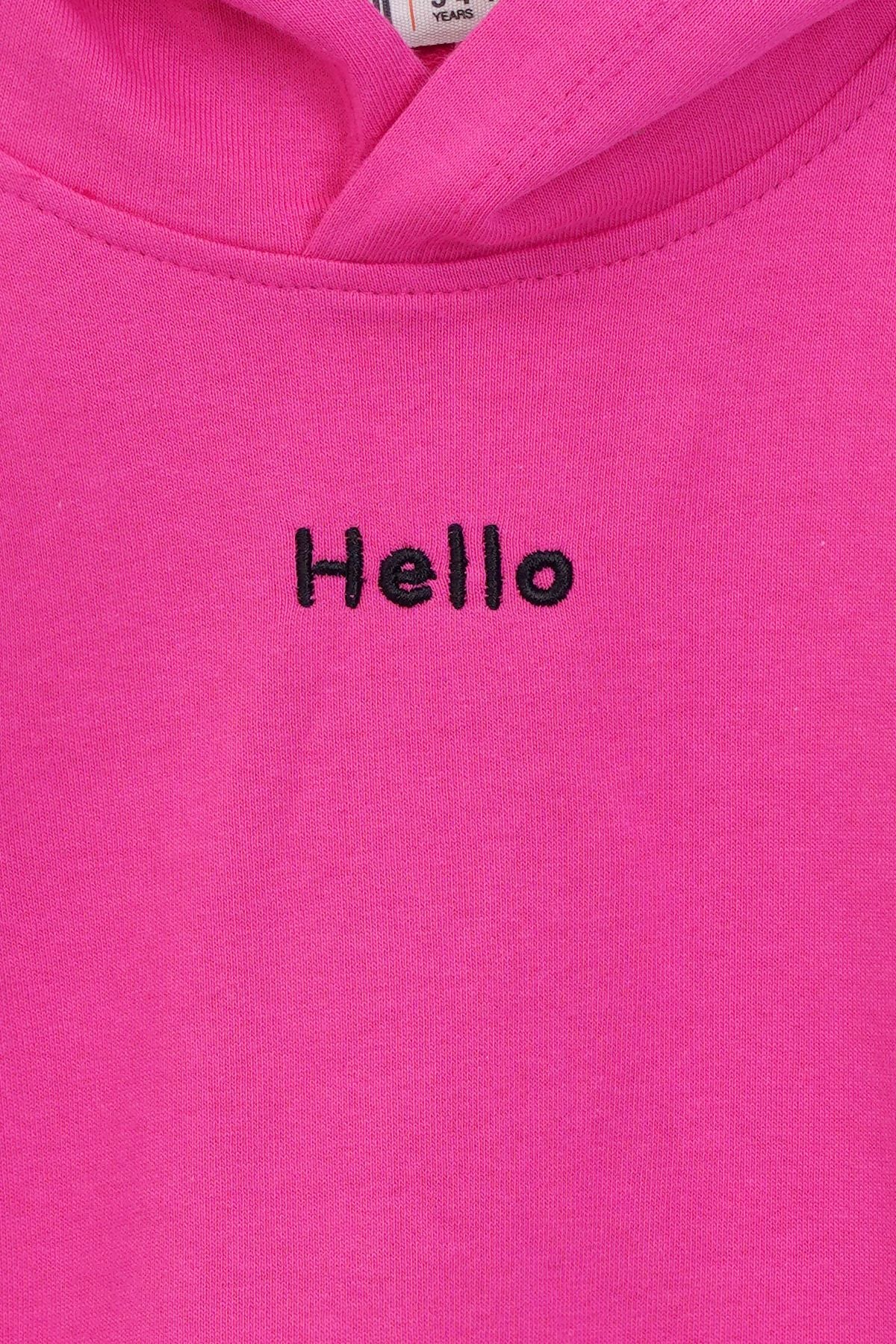 Kapüşonlu Hello Nakış Baskılı Basic Pembe Çocuk Eşofman Takımı
