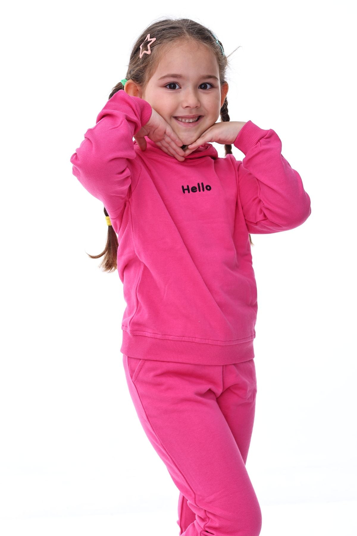 Kapüşonlu Hello Nakış Baskılı Basic Pembe Çocuk Eşofman Takımı