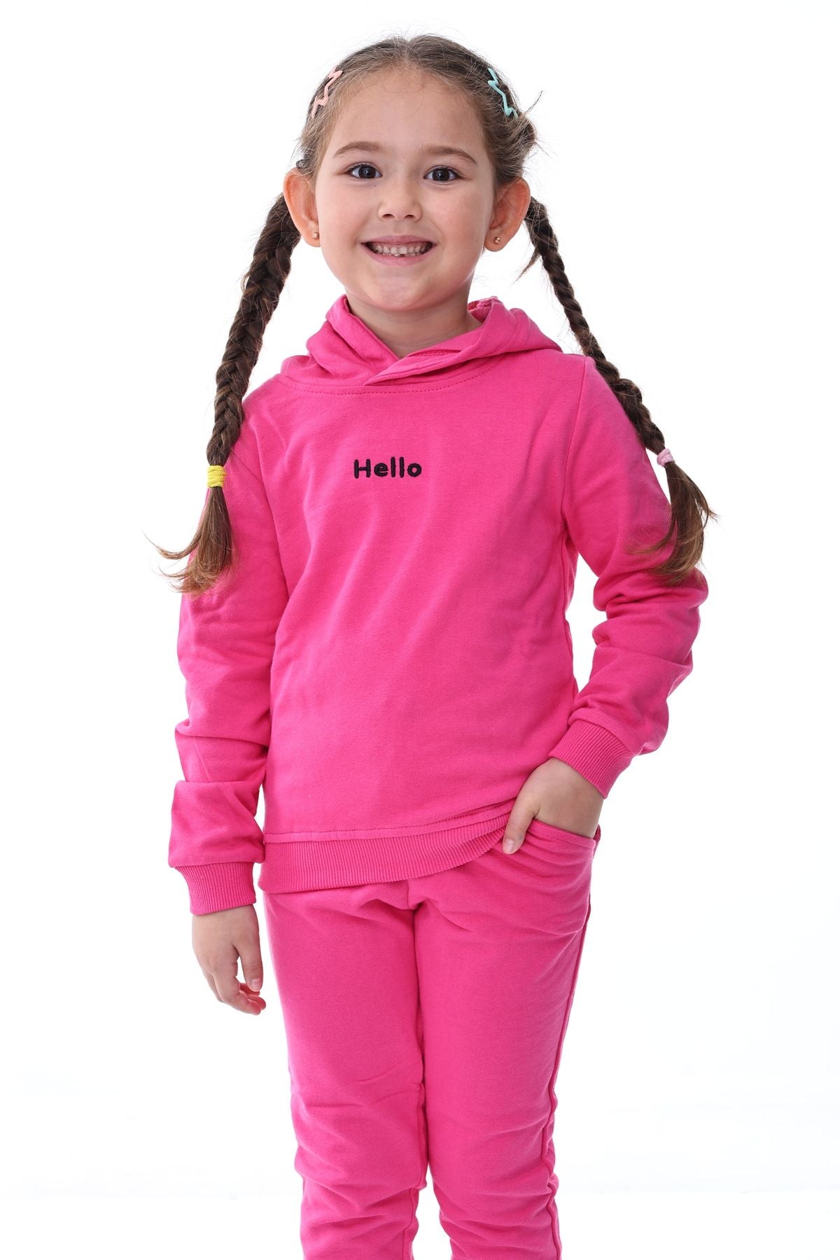 Kapüşonlu Hello Nakış Baskılı Basic Pembe Çocuk Eşofman Takımı