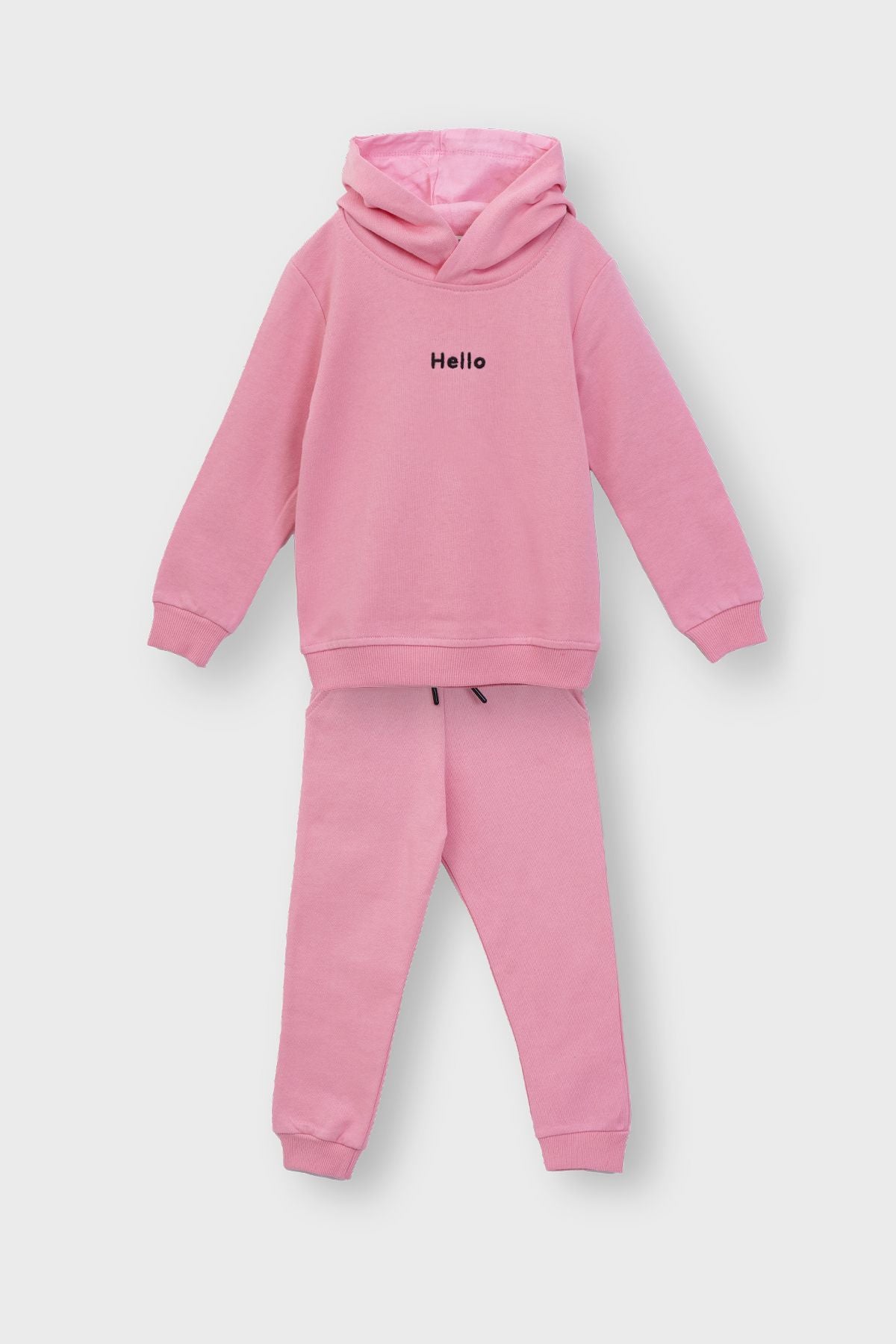 Kapüşonlu Hello Nakış Baskılı Basic Pembe Çocuk Eşofman Takımı