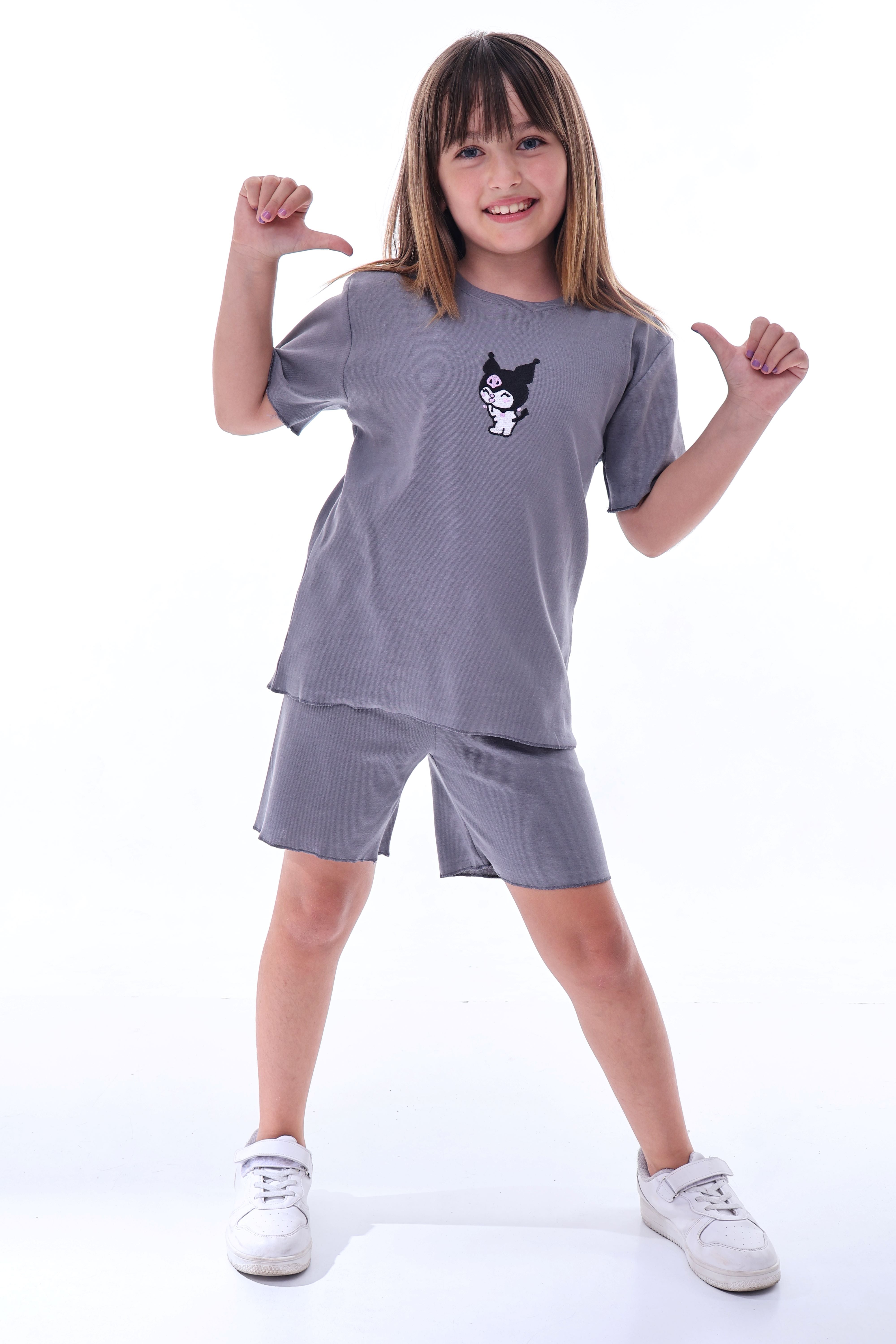 Ribana Beybi Overlok Detaylı Kuromi Nakışlı Alt-Üst Takım