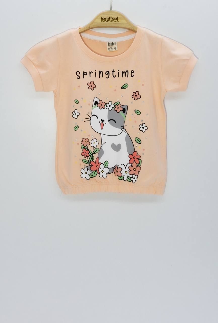 Kedi Baskılı Sevimli Kız Bebek Kolu Lstikli Alt-Üst ŞortTakım
