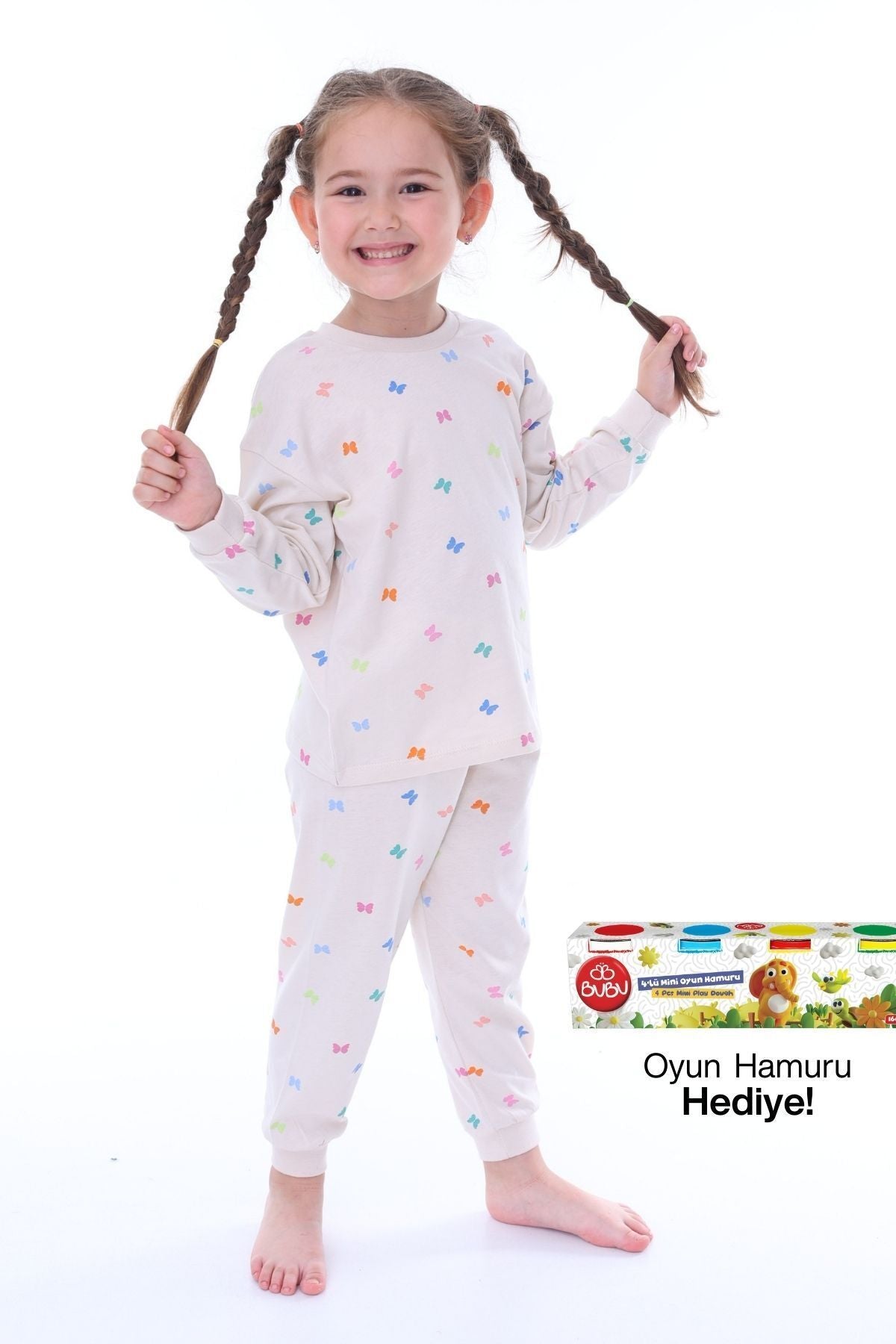 Kelebek Desenli %100 Pamuk Pembe Kız Çocuk Pijama Takımı