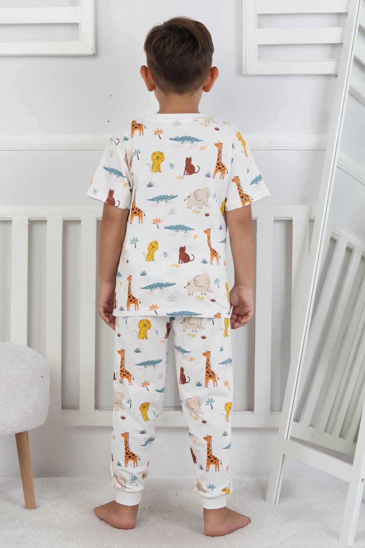 Kısa Kollu Animal Print Desenli Erkek Çocuk Pijama Takımı