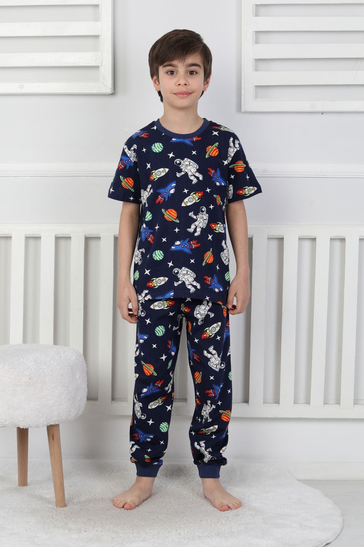Kısa Kollu Astranot Temalı %100 Pamuk Erkek Çocuk Pijama Takımı
