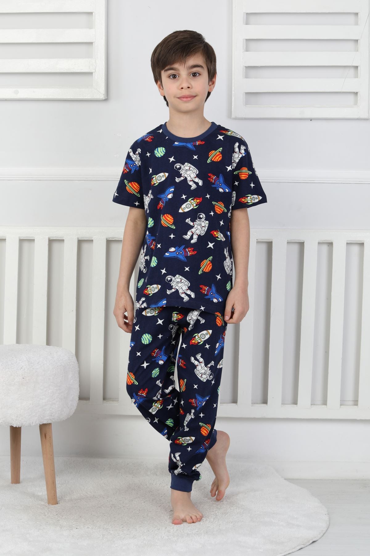 Kısa Kollu Astranot Temalı %100 Pamuk Erkek Çocuk Pijama Takımı