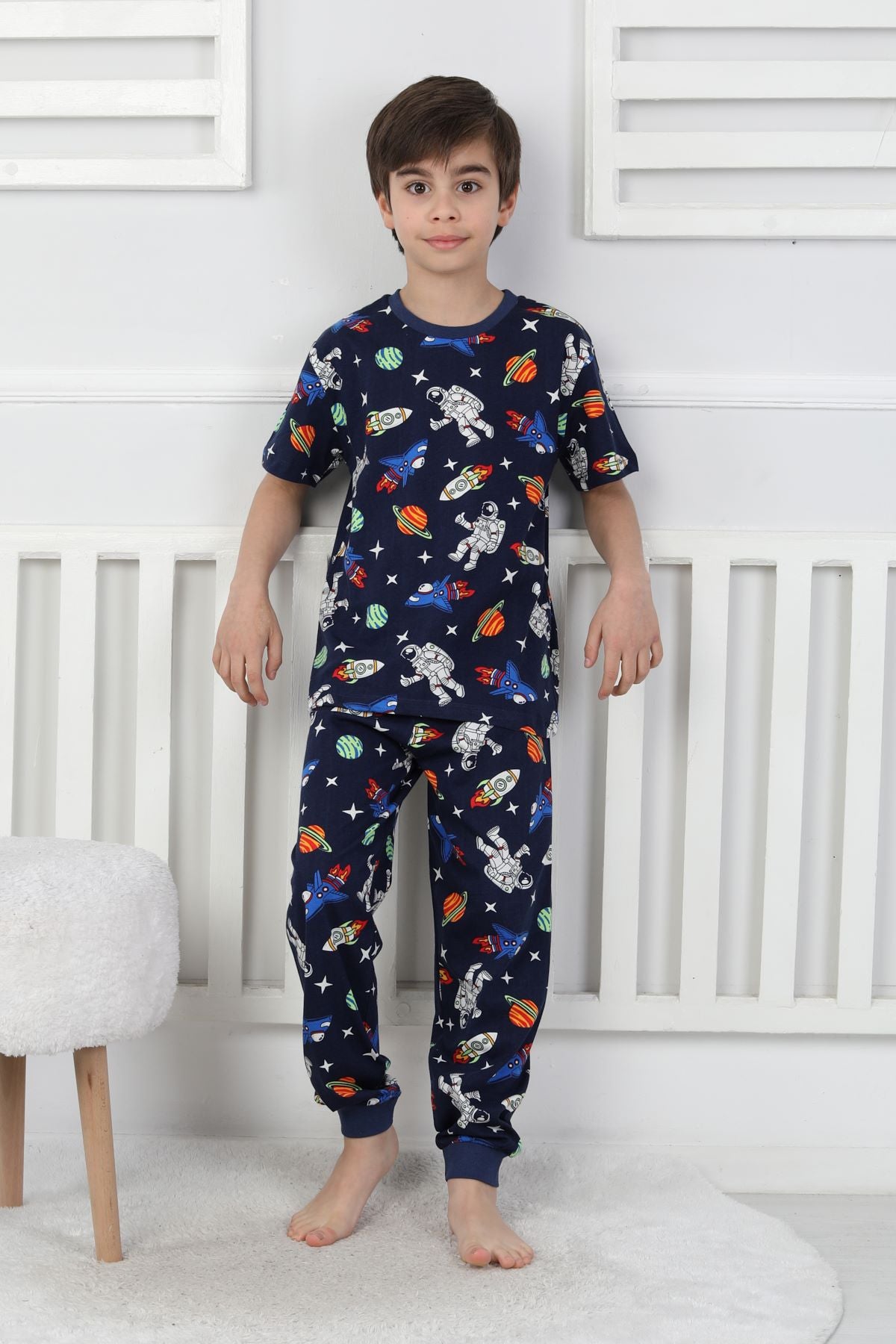 Kısa Kollu Astranot Temalı %100 Pamuk Erkek Çocuk Pijama Takımı