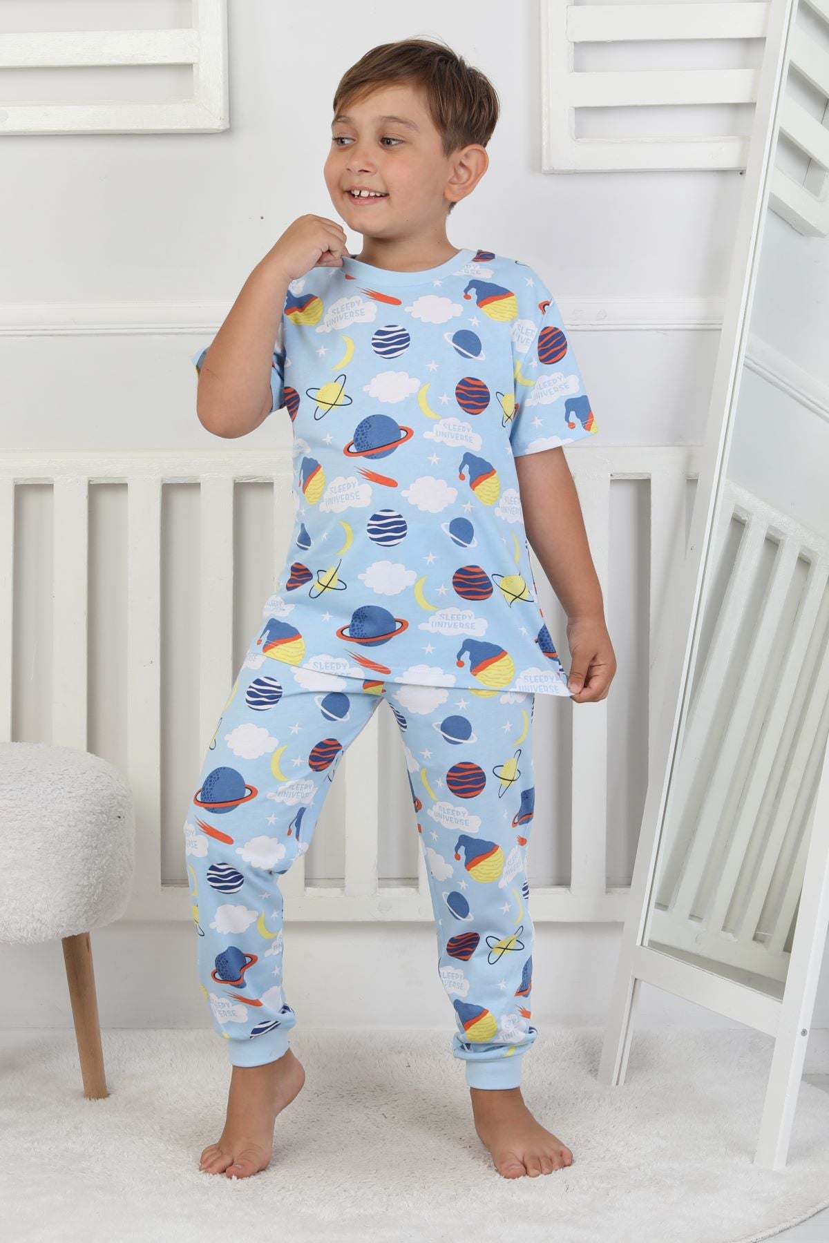 Kısa Kollu Planet Pattern Erkek Çocuk Pijama Takımı