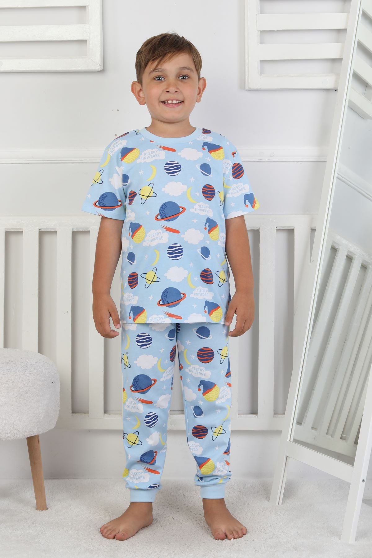 Kısa Kollu Planet Pattern Erkek Çocuk Pijama Takımı