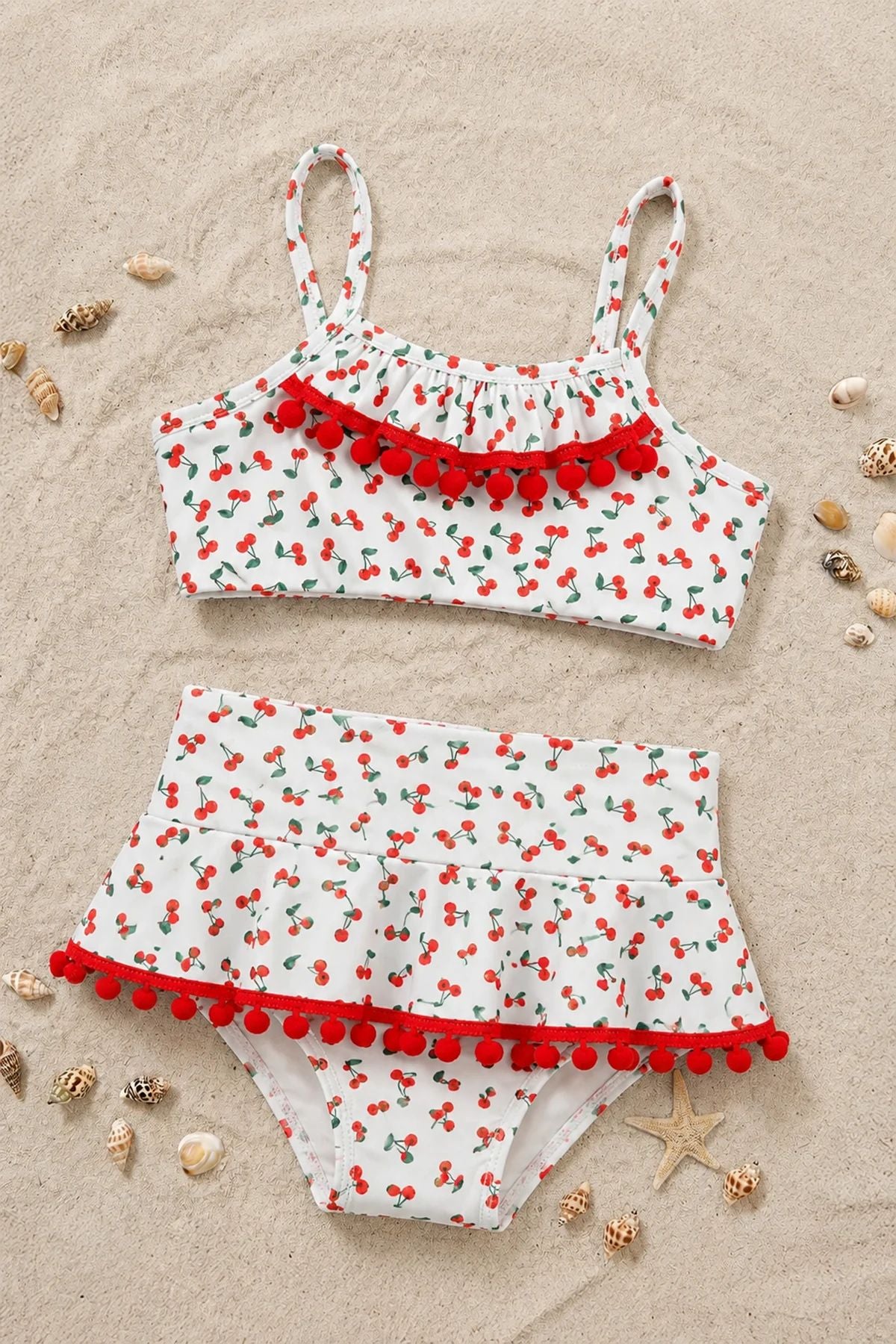 Kız Çocuk Askılı Kiraz Desenli Kırmız Ponpon Detaylı Etekli Bikini Takımı