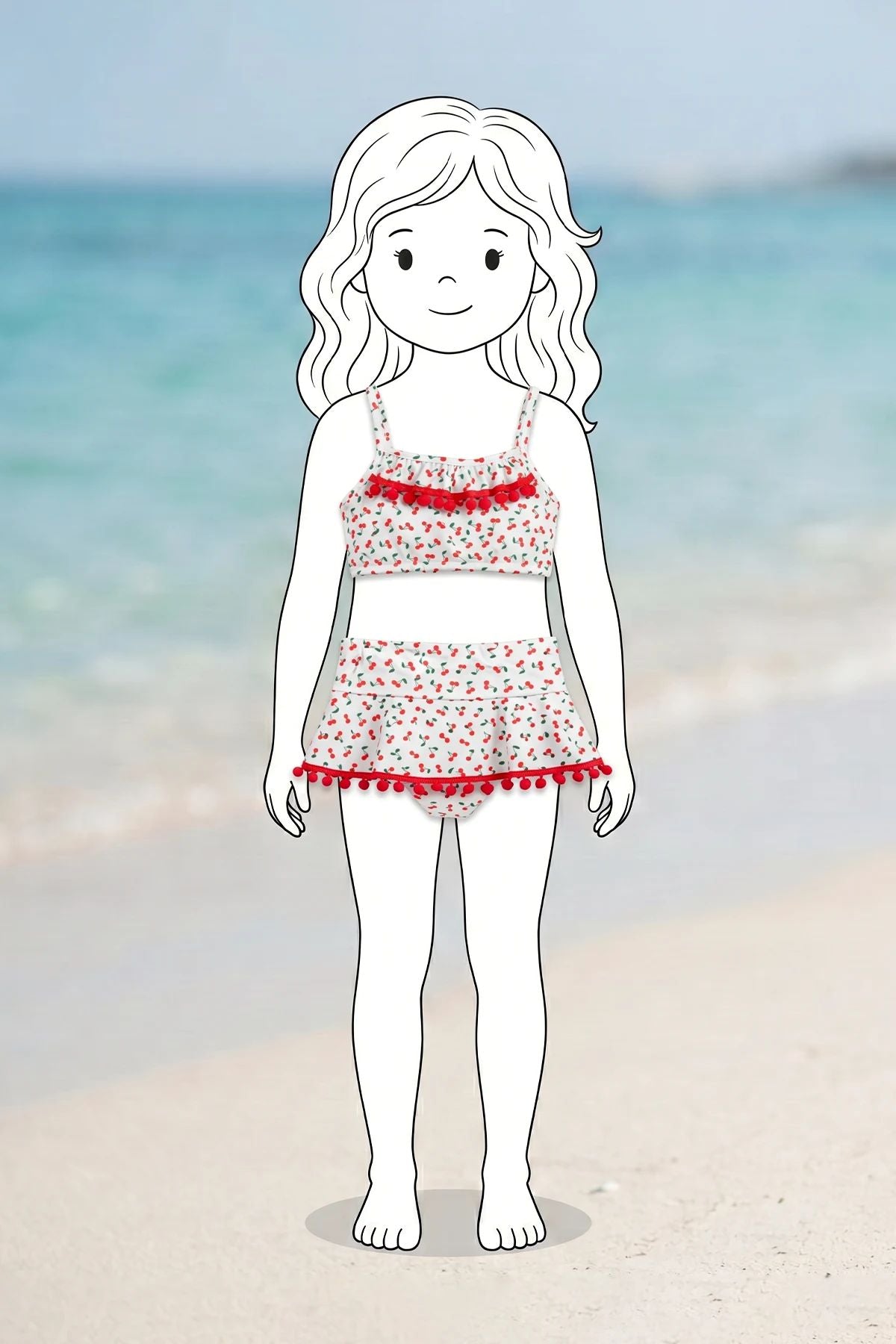Kız Çocuk Askılı Kiraz Desenli Kırmız Ponpon Detaylı Etekli Bikini Takımı
