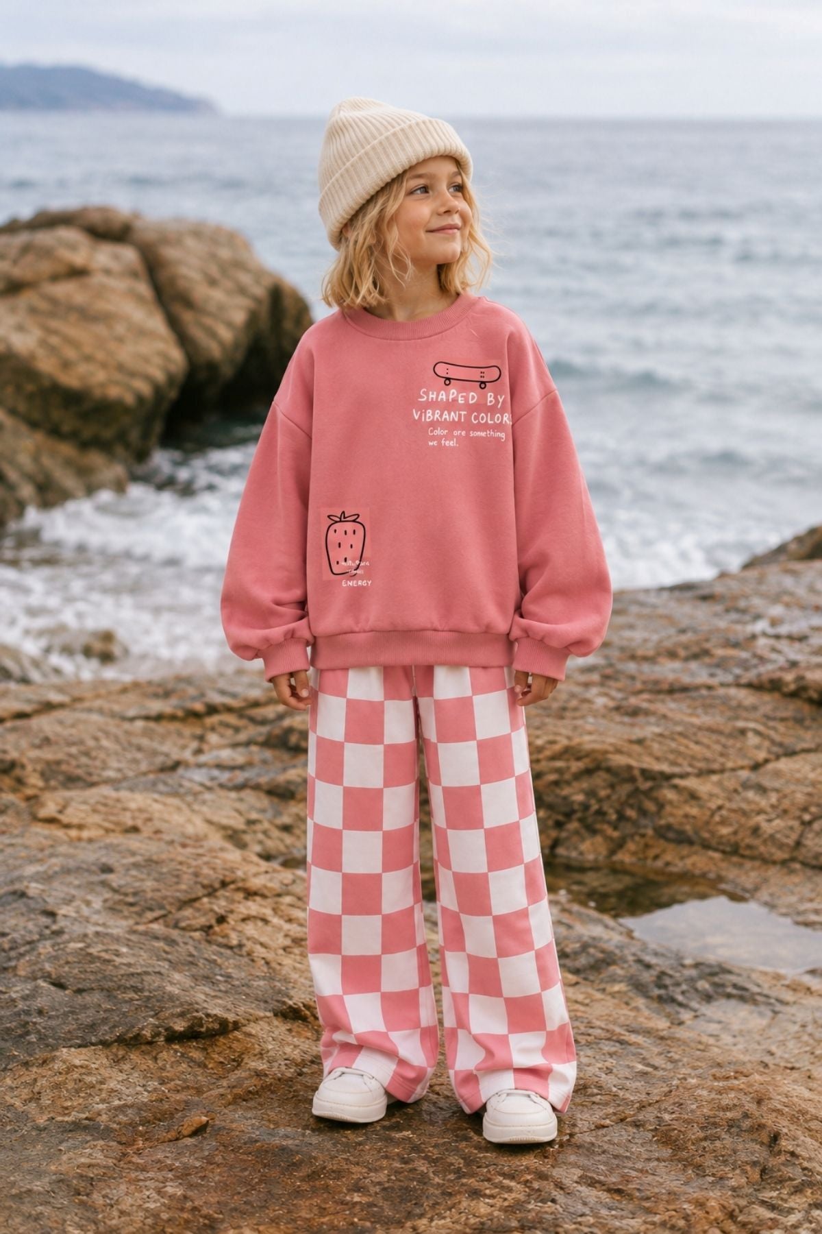 Kız Çocuk Dama Desenli Oversize 3 İplik Sweatshirt ve Bol Paça Eşofman Takım