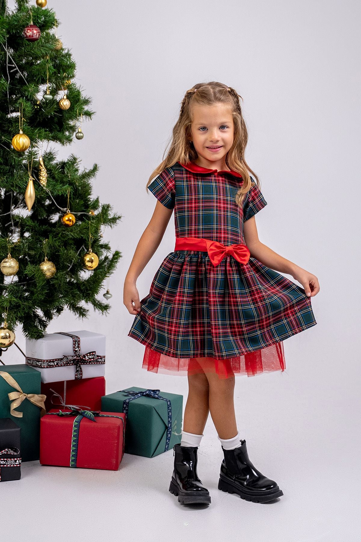 Kız Çocuk Ekose Desenli Fiyonklu Tüllü ( 2-6 ) Yaş Elbise