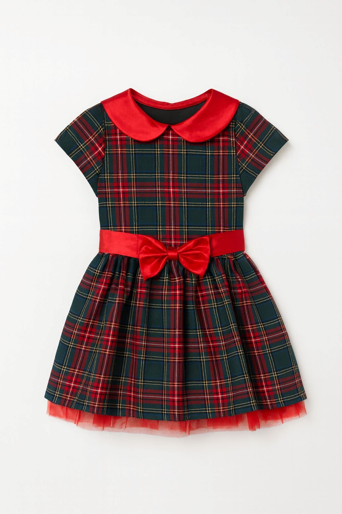 Kız Çocuk Ekose Desenli Fiyonklu Tüllü ( 2-6 ) Yaş Elbise