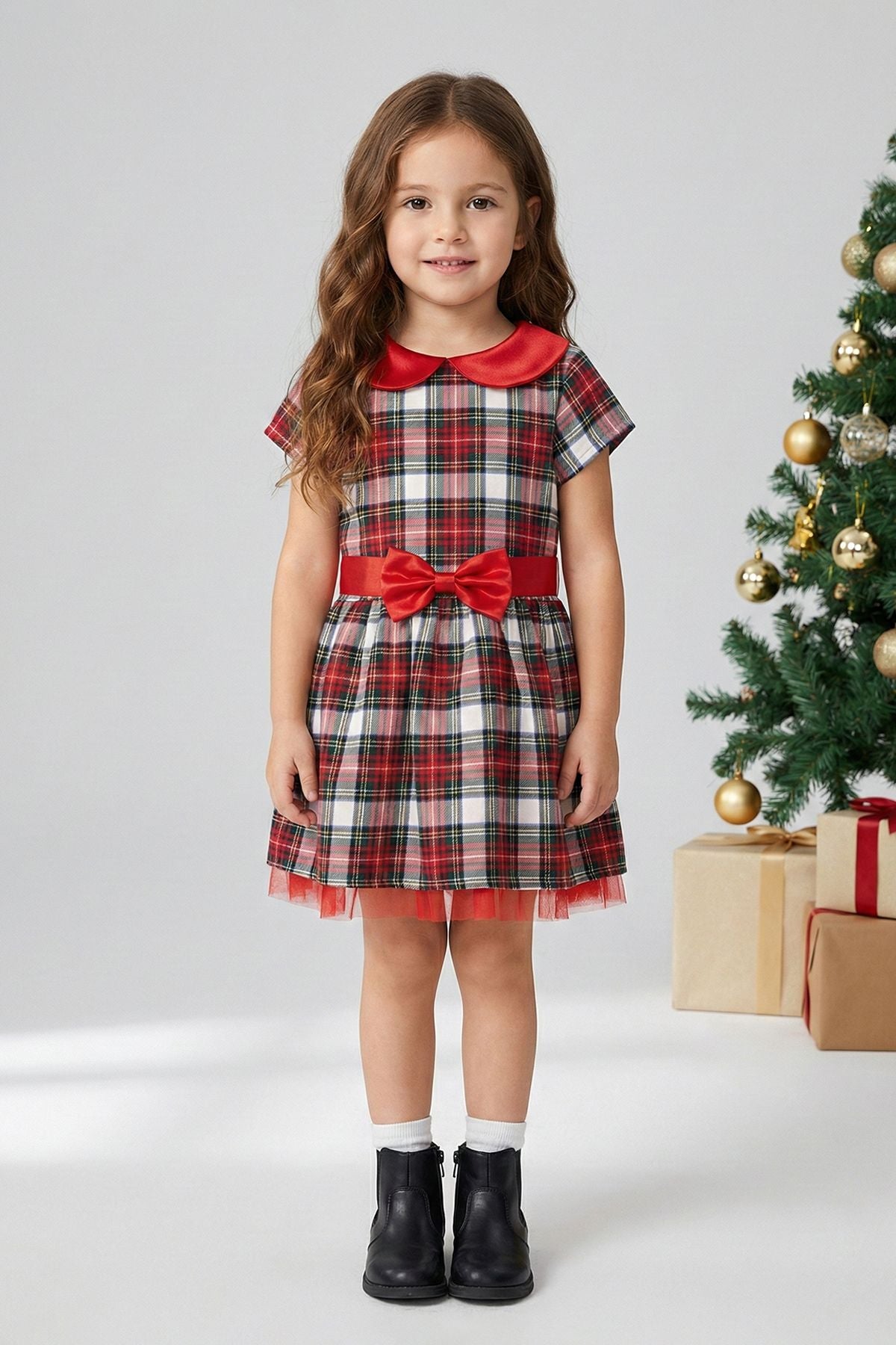 Kız Çocuk Ekose Desenli Fiyonklu Tüllü ( 2-6 ) Yaş Elbise