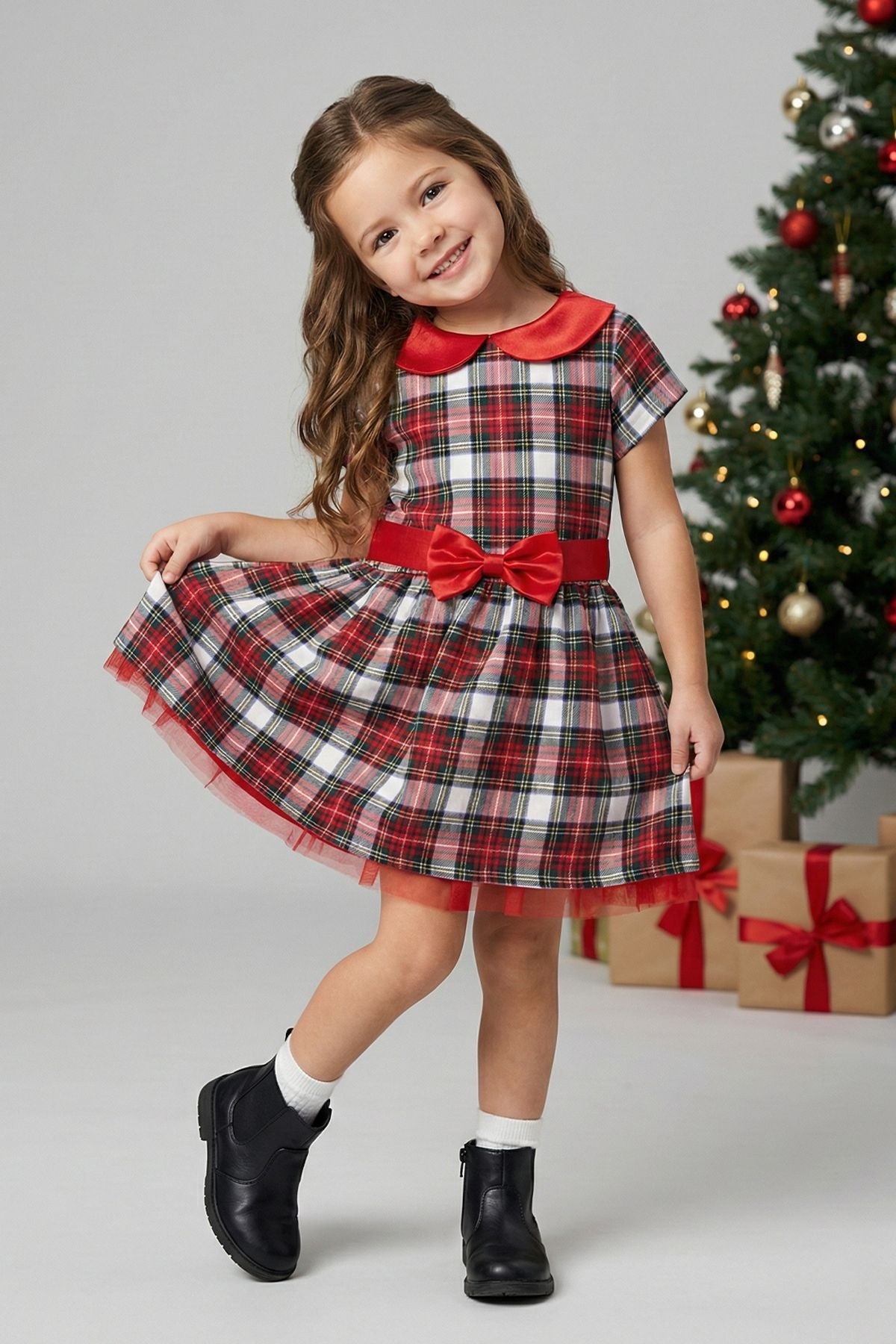 Kız Çocuk Ekose Desenli Fiyonklu Tüllü ( 2-6 ) Yaş Elbise