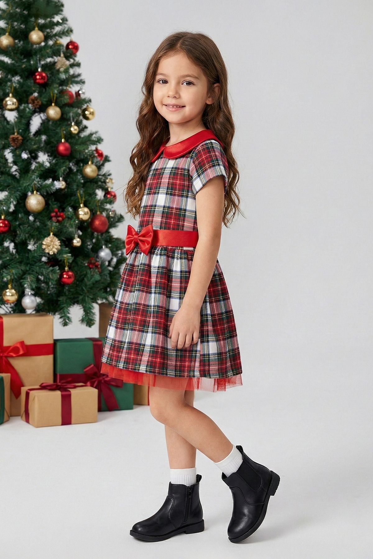 Kız Çocuk Ekose Desenli Fiyonklu Tüllü ( 2-6 ) Yaş Elbise