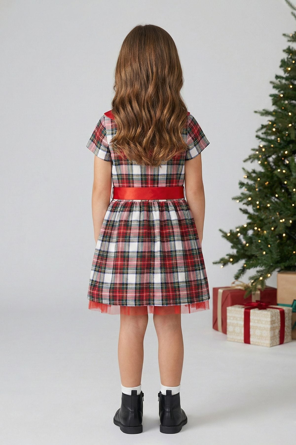 Kız Çocuk Ekose Desenli Fiyonklu Tüllü ( 2-6 ) Yaş Elbise