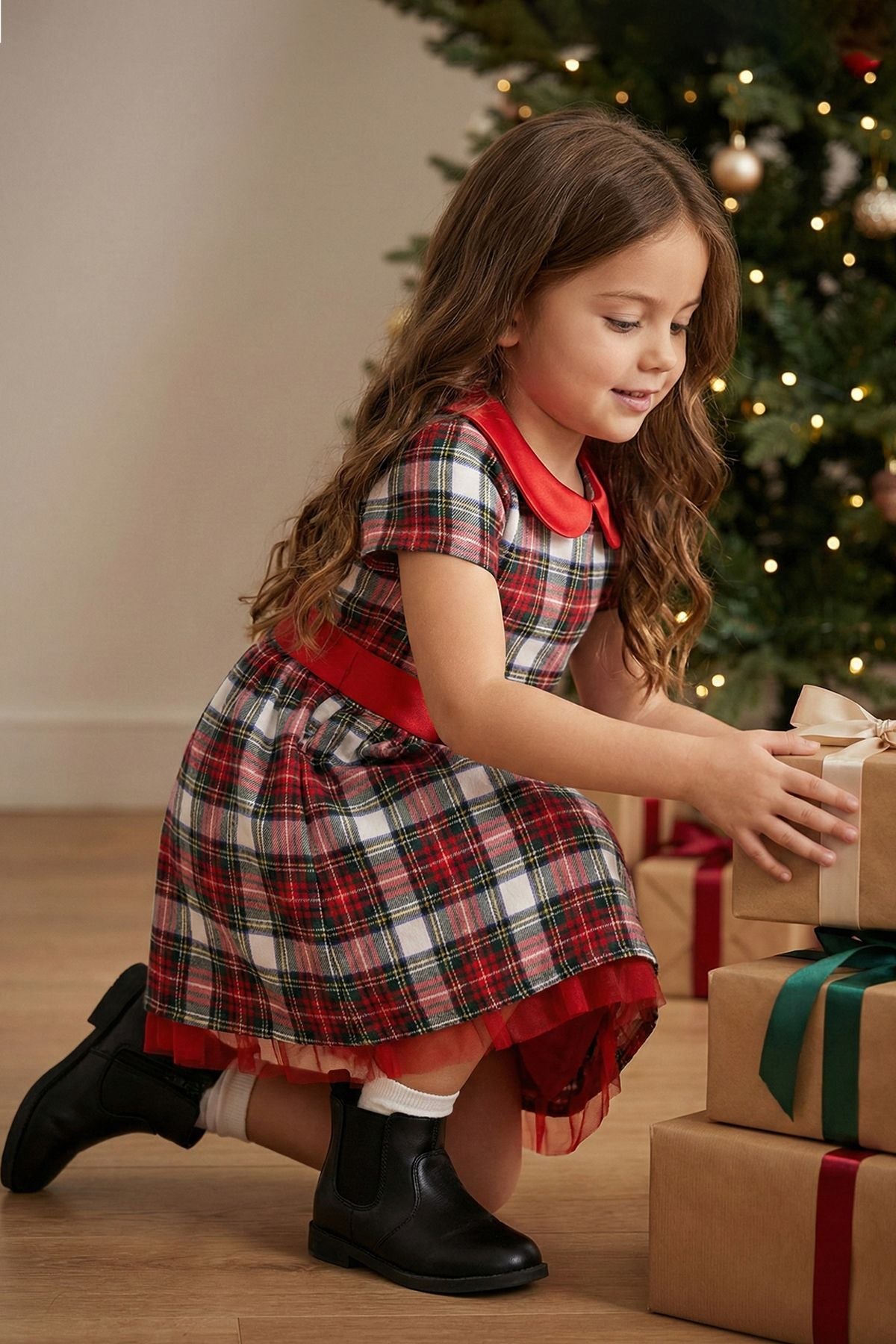 Kız Çocuk Ekose Desenli Fiyonklu Tüllü ( 2-6 ) Yaş Elbise