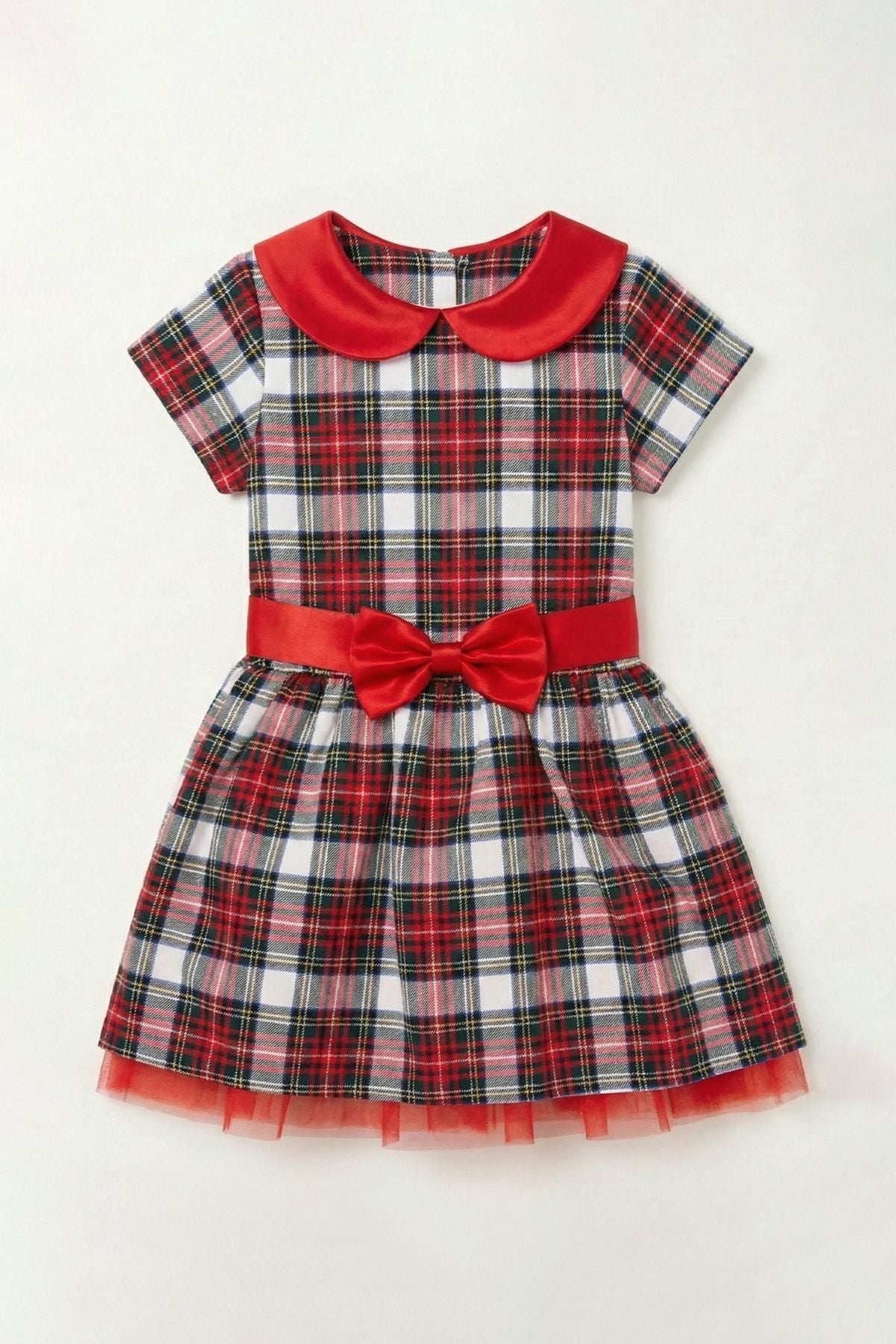 Kız Çocuk Ekose Desenli Fiyonklu Tüllü ( 2-6 ) Yaş Elbise