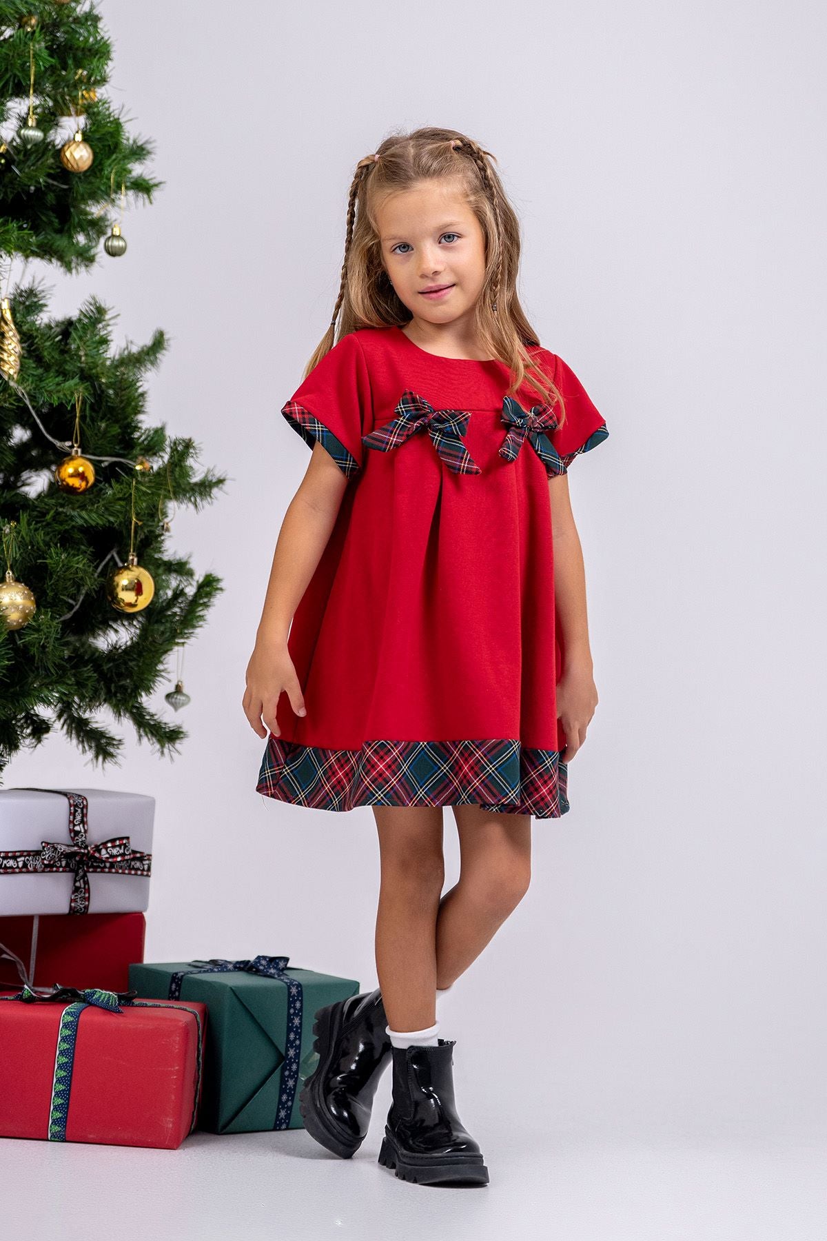 Kız Çocuk Ekoseli Düz Fiyonklu ( 2-6 ) Yaş Noal Elbise